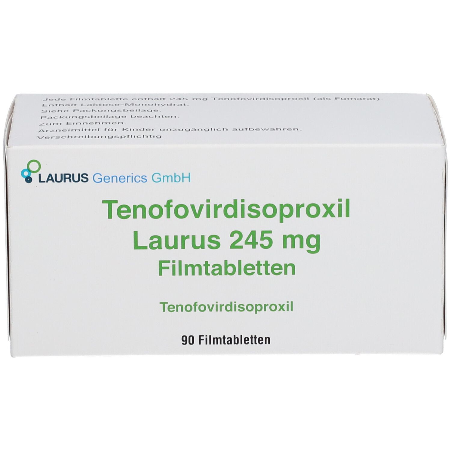 Schachtel mit Tenofovirdisoproxil Laurus 245 mg Filmtabletten. Enthält 90 Filmtabletten. LAURUS Generics GmbH.