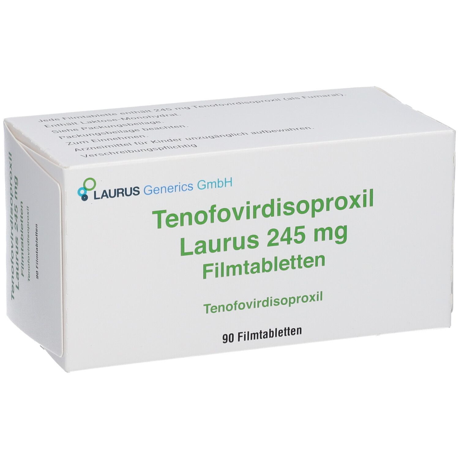 Schachtel mit Tenofovirdisoproxil Laurus 245 mg Filmtabletten. Enthält 90 Filmtabletten. LAURUS Generics GmbH.