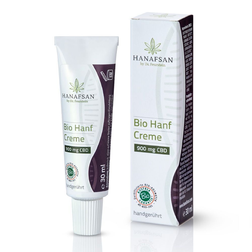Creme-Tube und Schachtel. Aufschrift: HANAFSAN Bio Hanf Creme, 900 mg CBD. Bio-Siegel. Handgerührt. Tube: 30 ml.