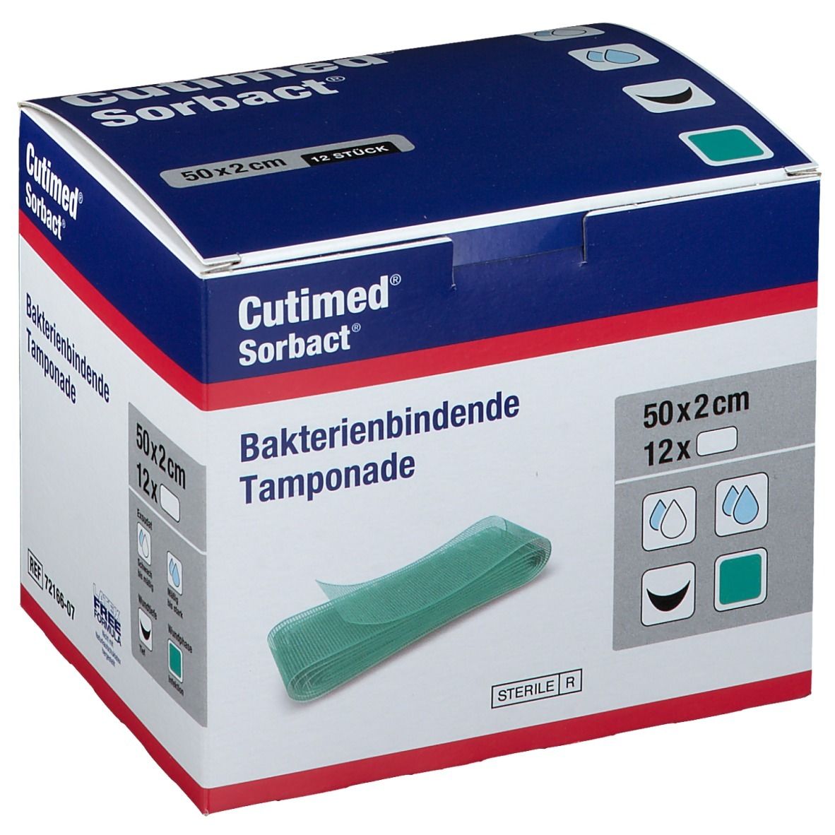Karton mit Cutimed Sorbact Tamponaden. Aufschrift: Bakterienbindende Tamponade, 50x2cm, 12 Stück. Grüne Tamponade sichtbar.