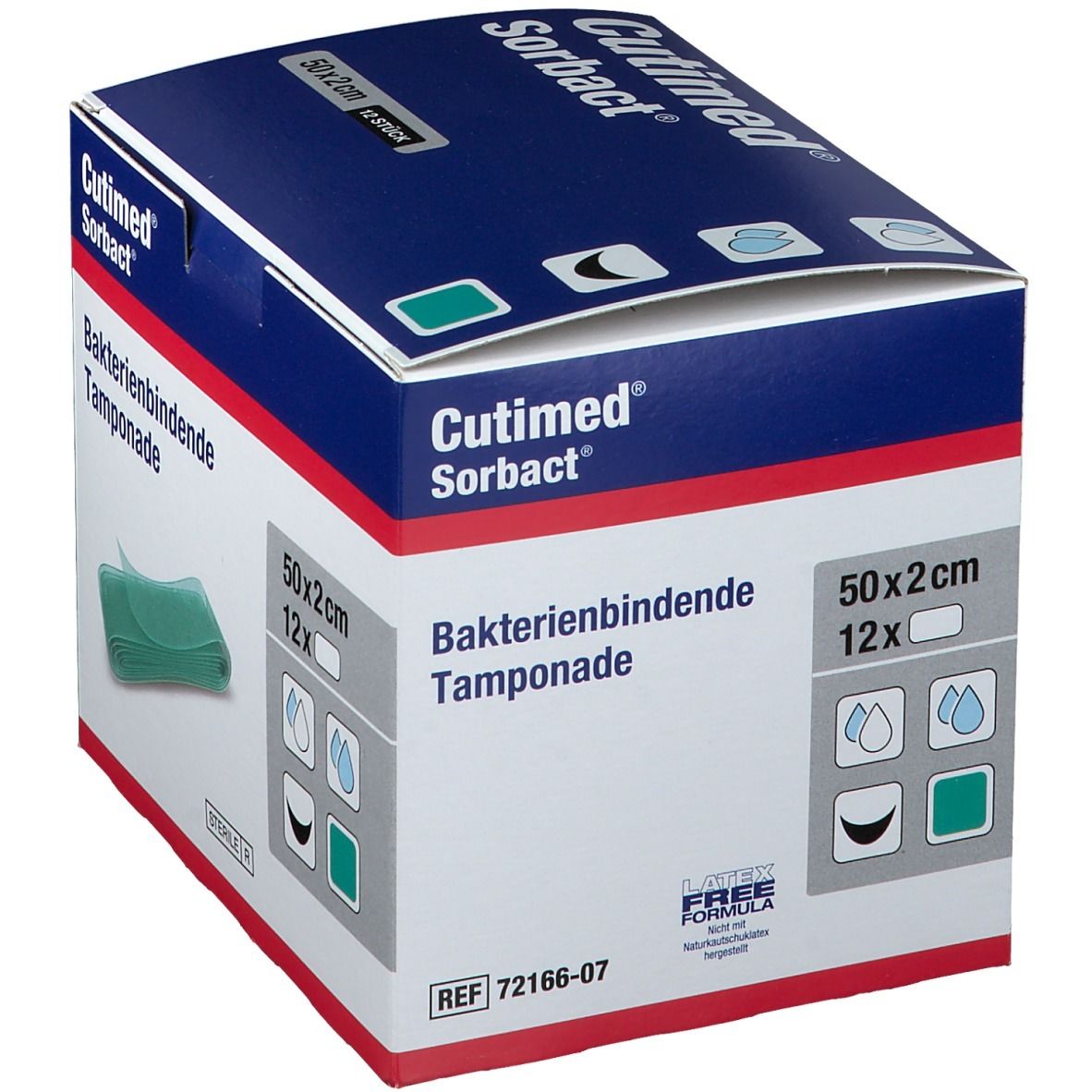 Karton mit Cutimed Sorbact Tamponaden. Aufschrift: Bakterienbindende Tamponade, 50x2cm, 12 Stück. Grüne Tamponade sichtbar.