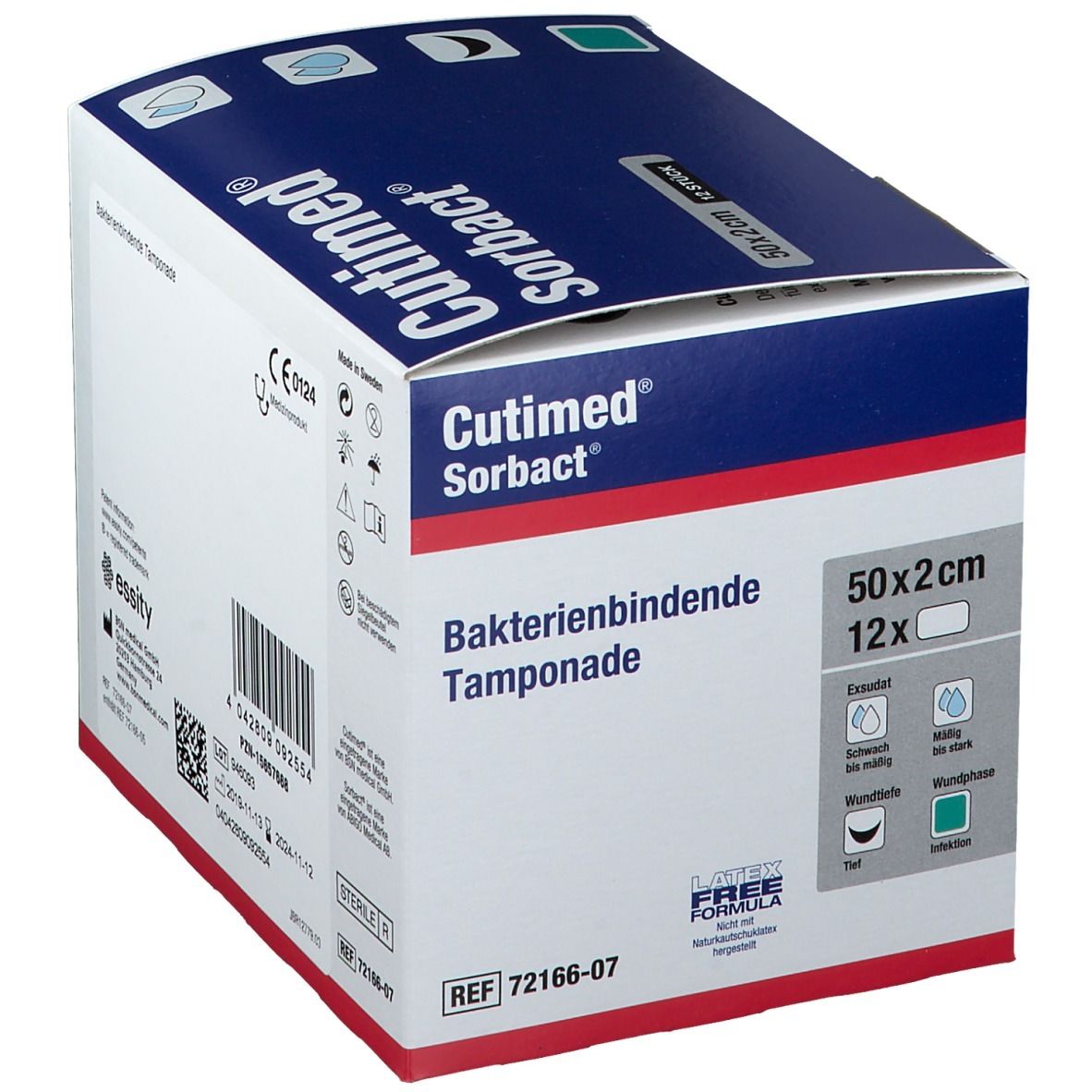 Karton mit Cutimed Sorbact Tamponaden. Aufschrift: Bakterienbindende Tamponade, 50x2cm, 12 Stück. Laser-frei.