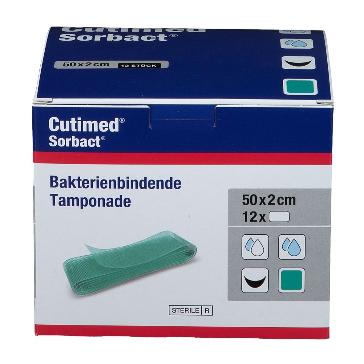 Karton mit Cutimed Sorbact Tamponaden. Aufschrift: Bakterienbindende Tamponade, 50x2cm, 12 Stück. Grüne Tamponade sichtbar.