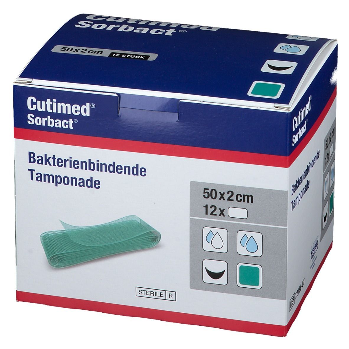 Karton mit Cutimed Sorbact Tamponaden. Aufschrift: Bakterienbindende Tamponade, 50x2cm, 12 Stück. Grüne Tamponade sichtbar.