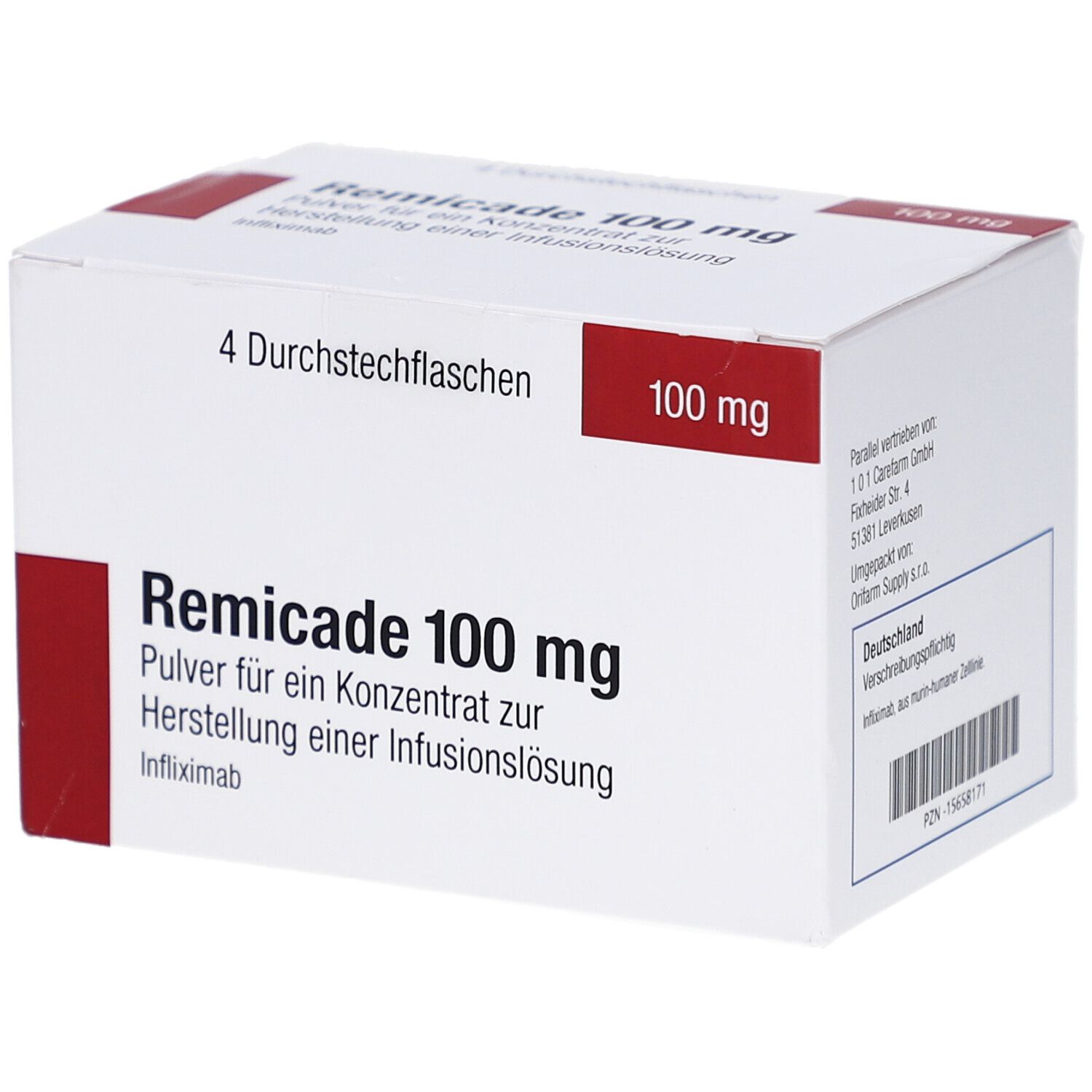Weißer Karton mit roter Markierung. Aufschrift: Remicade 100 mg, 4 Durchstechflaschen. Enthält Infliximab.