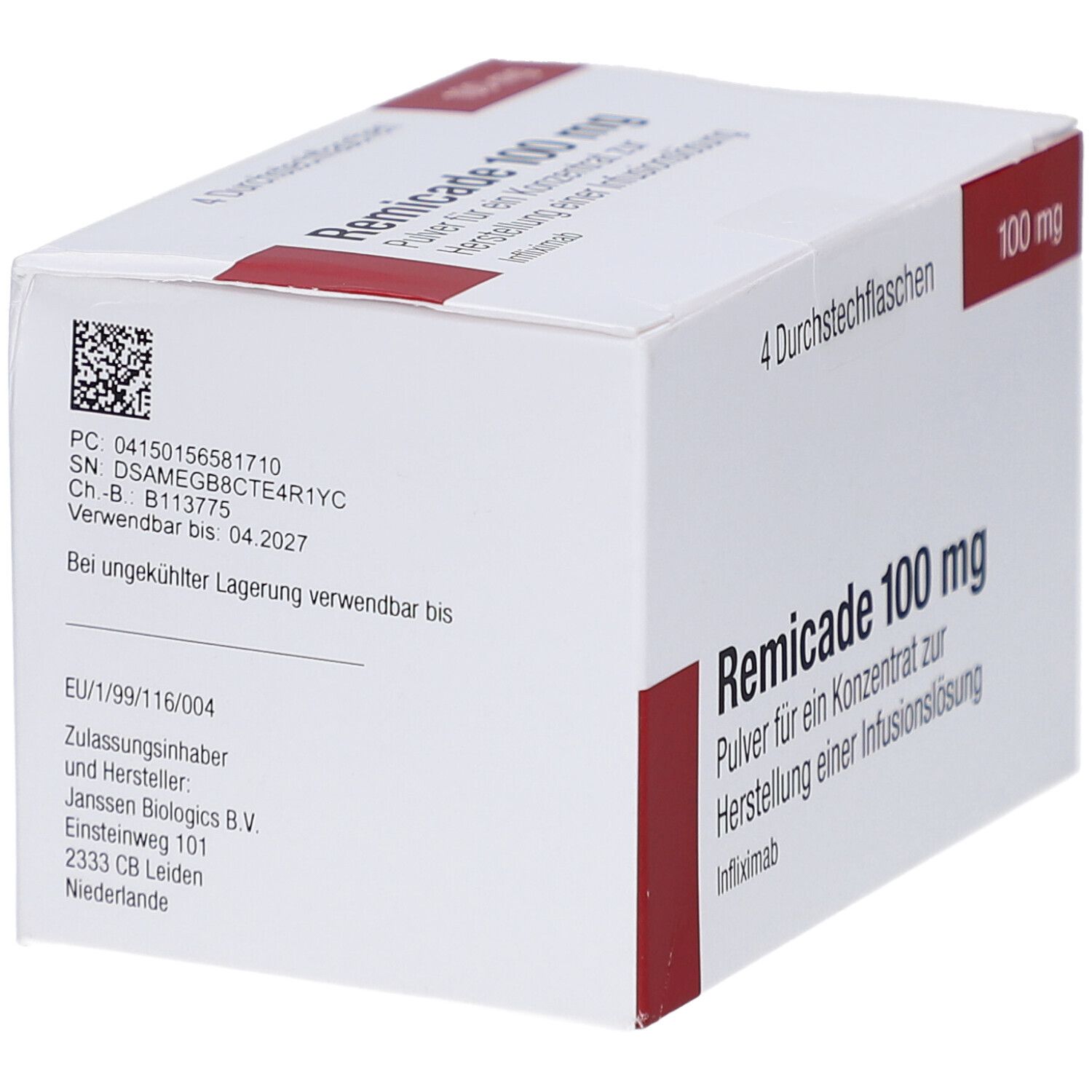 Weißer Karton mit roter Markierung. Aufschrift: Remicade 100 mg, 4 Durchstechflaschen. Enthält Infliximab. Barcode.