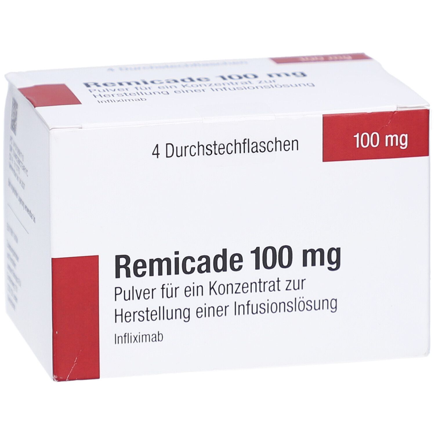 Weißer Karton mit roter Markierung. Aufschrift: Remicade 100 mg, 4 Durchstechflaschen. Enthält Infliximab.