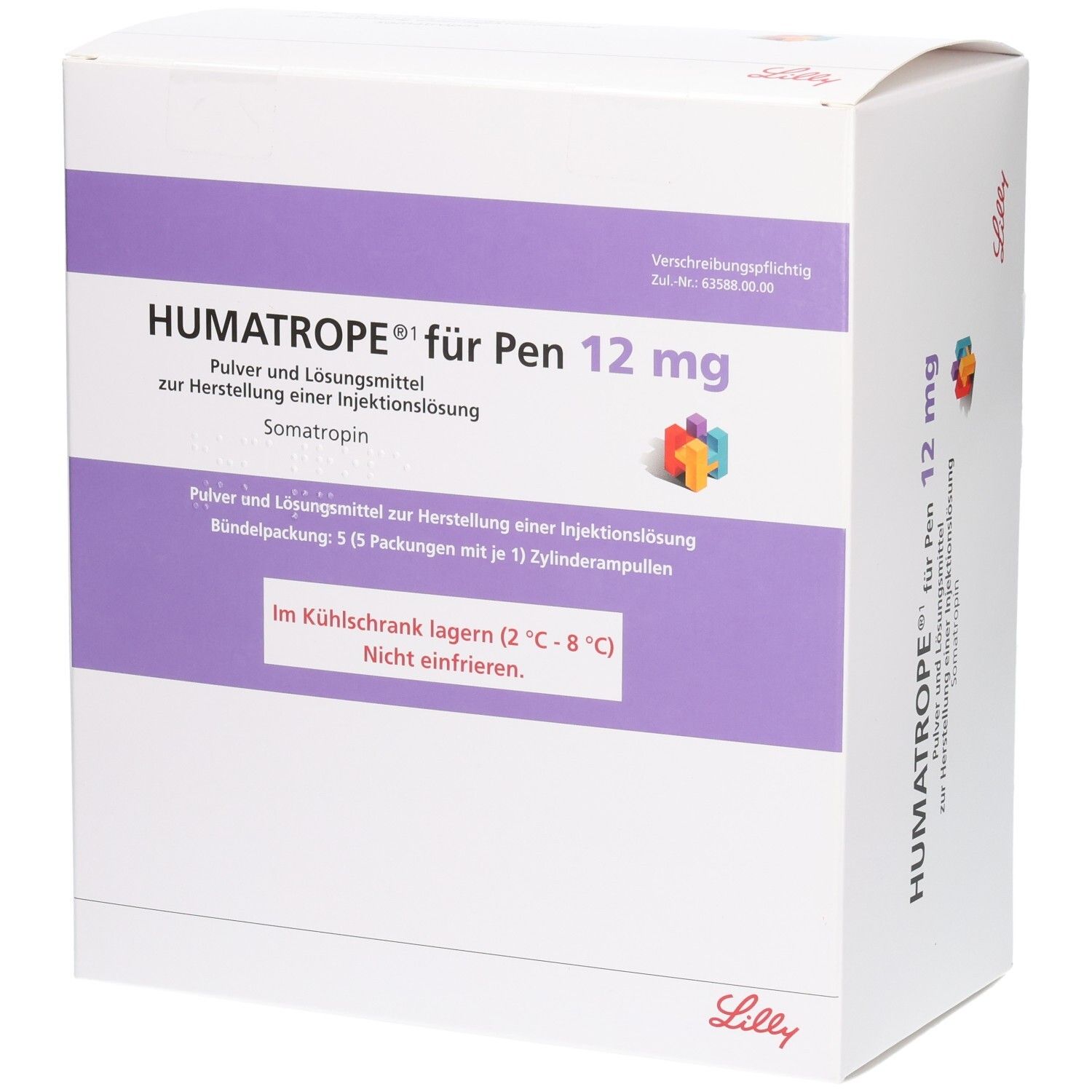 Weiße Verpackung mit lila Akzenten. Aufschrift: HUMATROPE für Pen 12 mg. Enthält Pulver und Lösungsmittel. Lilly-Logo.