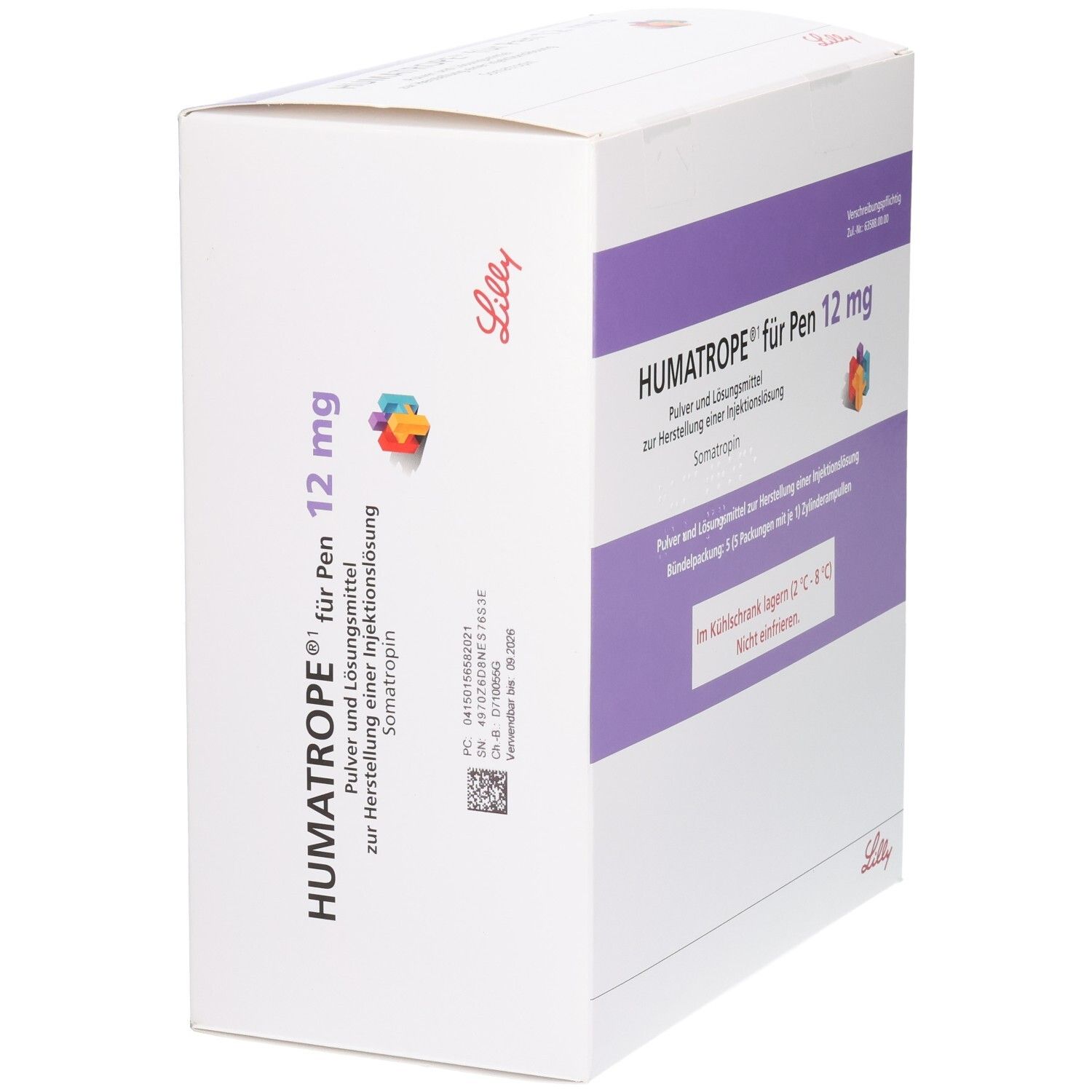 Weiße Verpackung mit lila Akzenten. Aufschrift: HUMATROPE für Pen 12 mg. Lilly-Logo. Seitenansicht der Verpackung.