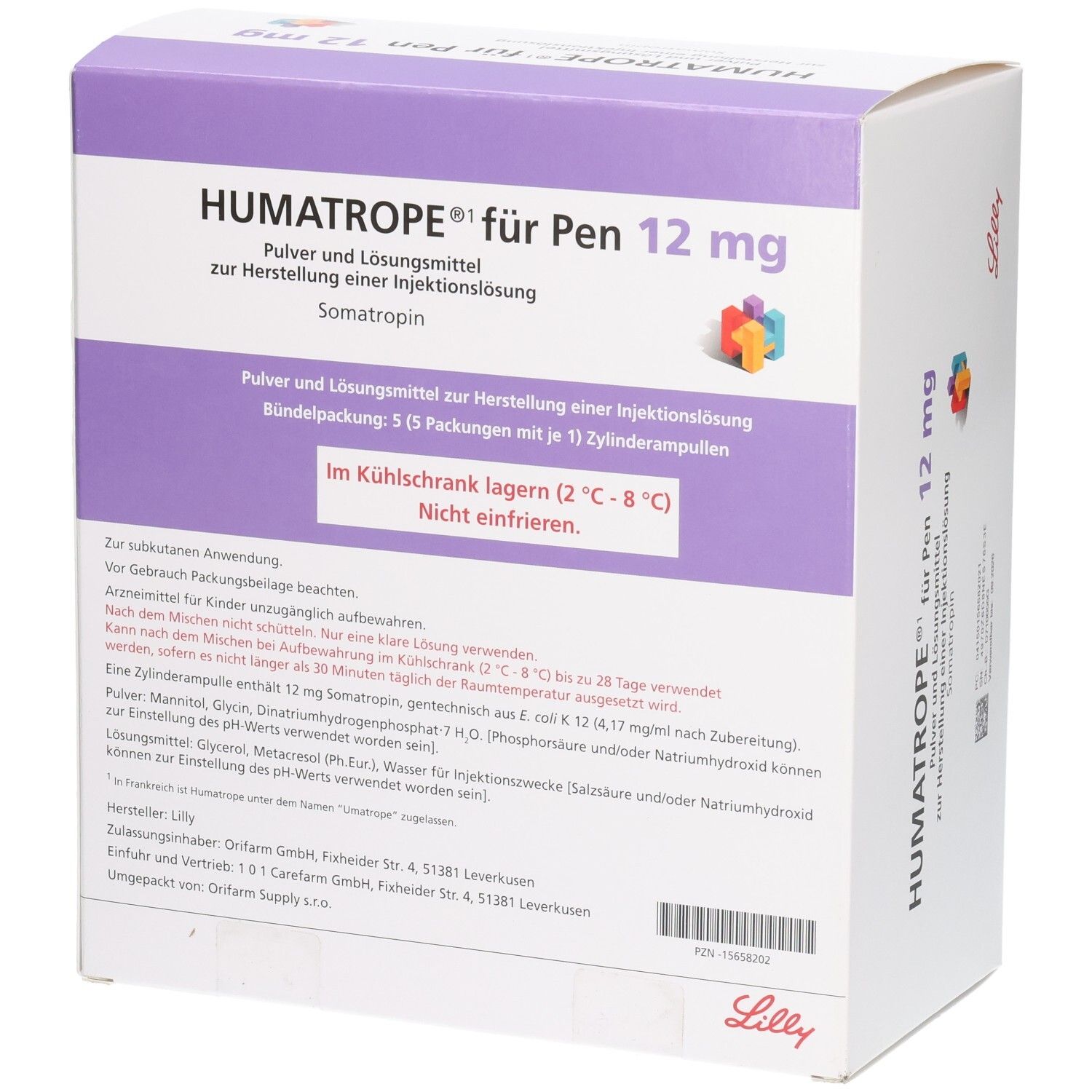 Weiße Verpackung mit lila Akzenten. Aufschrift: HUMATROPE für Pen 12 mg. Enthält Pulver und Lösungsmittel. Lilly-Logo. Rückseite.