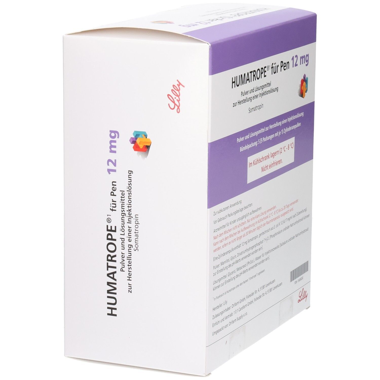 Weiße Verpackung mit lila Akzenten. Aufschrift: HUMATROPE für Pen 12 mg. Lilly-Logo. Seitenansicht der Verpackung.