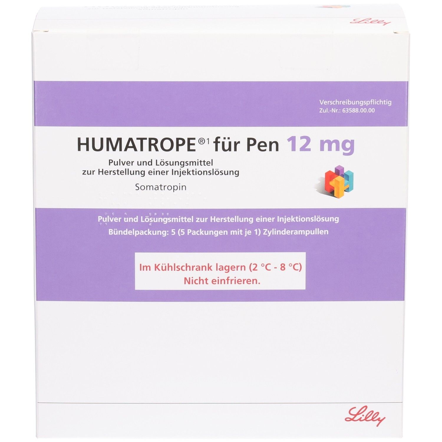 Weiße Verpackung mit lila Akzenten. Aufschrift: HUMATROPE für Pen 12 mg. Enthält Pulver und Lösungsmittel. Lilly-Logo.