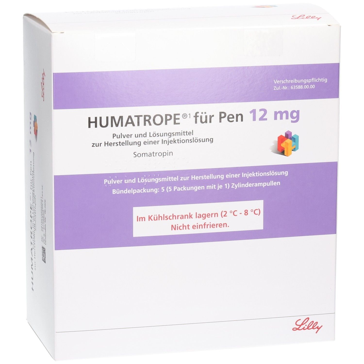Weiße Verpackung mit lila Akzenten. Aufschrift: HUMATROPE für Pen 12 mg. Enthält Pulver und Lösungsmittel. Lilly-Logo.