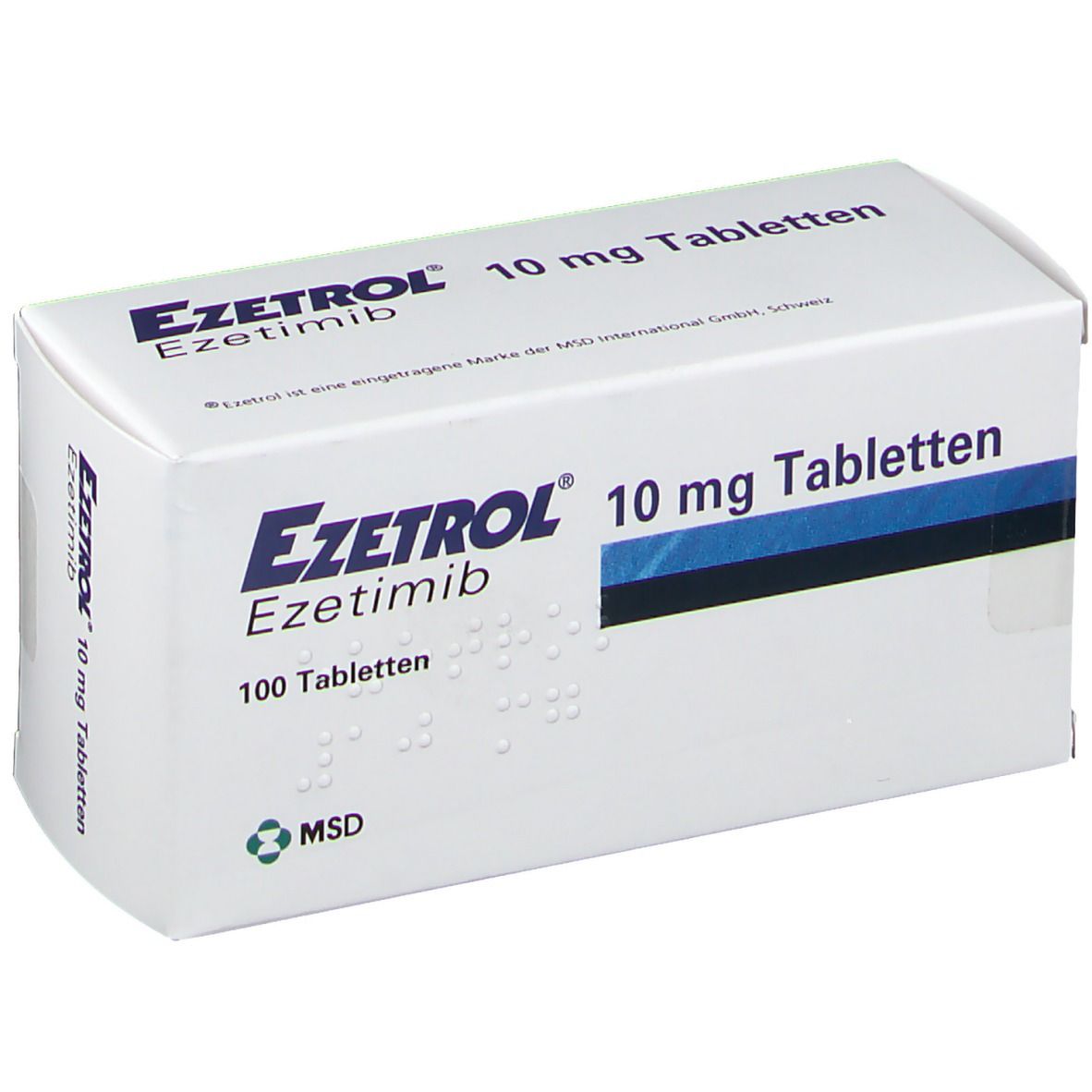 Weiße Schachtel mit blauer Linie. Aufschrift: EZETROL 10 mg Tabletten, Ezetimib, 100 Tabletten. MSD-Logo.