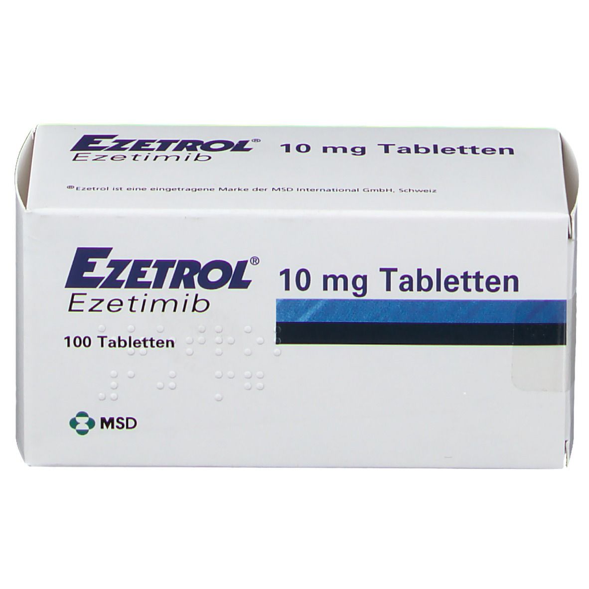 Weiße Schachtel mit blauer Linie. Aufschrift: EZETROL 10 mg Tabletten, Ezetimib, 100 Tabletten. MSD-Logo.