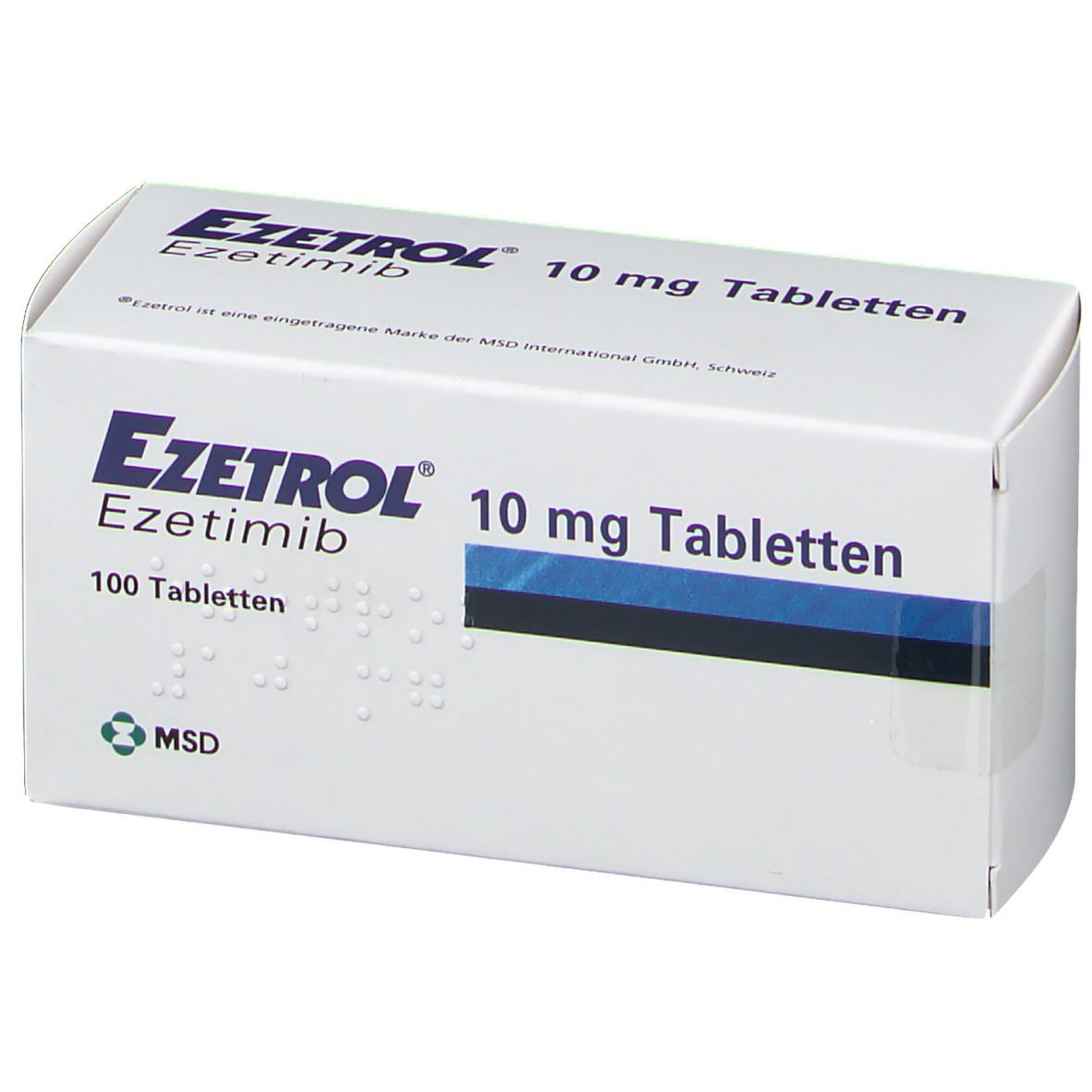 Weiße Schachtel mit blauer Linie. Aufschrift: EZETROL 10 mg Tabletten, Ezetimib, 100 Tabletten. MSD-Logo.