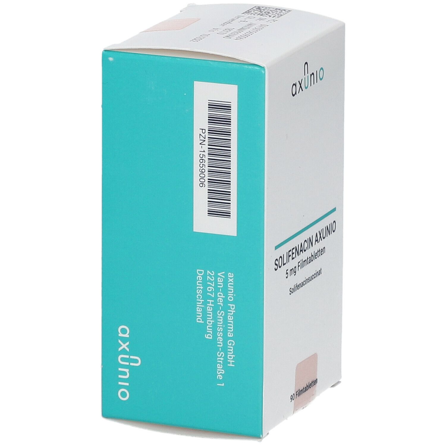 Schachtel mit Solifenacin Axunio 5 mg Filmtabletten. Aufschrift: 90 Filmtabletten. Marke: axunio. Rückseite mit Barcode und Adresse.