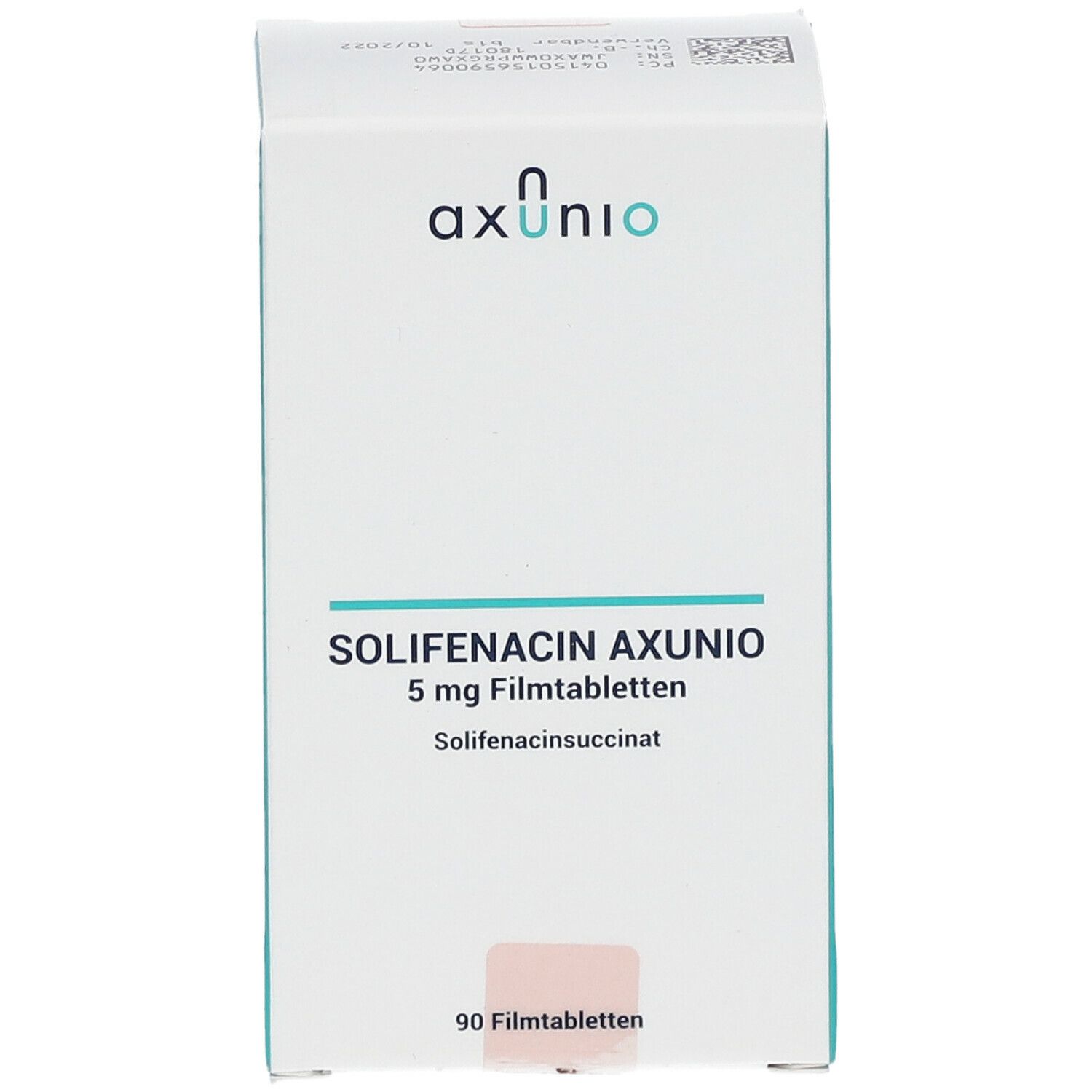 Schachtel mit Solifenacin Axunio 5 mg Filmtabletten. Aufschrift: 90 Filmtabletten. Marke: axunio. Vorderansicht.