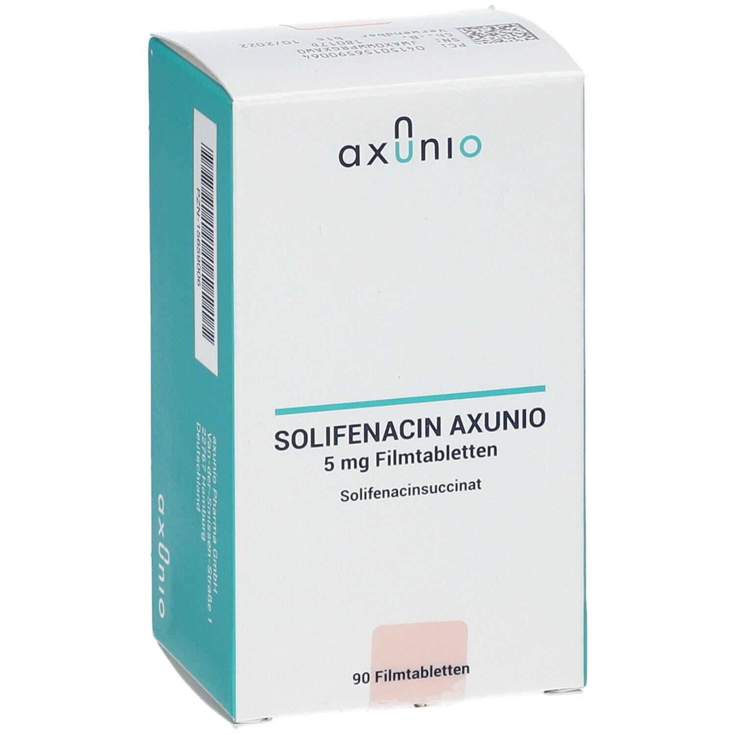 Schachtel mit Solifenacin Axunio 5 mg Filmtabletten. Aufschrift: 90 Filmtabletten. Marke: axunio. Schrägansicht.