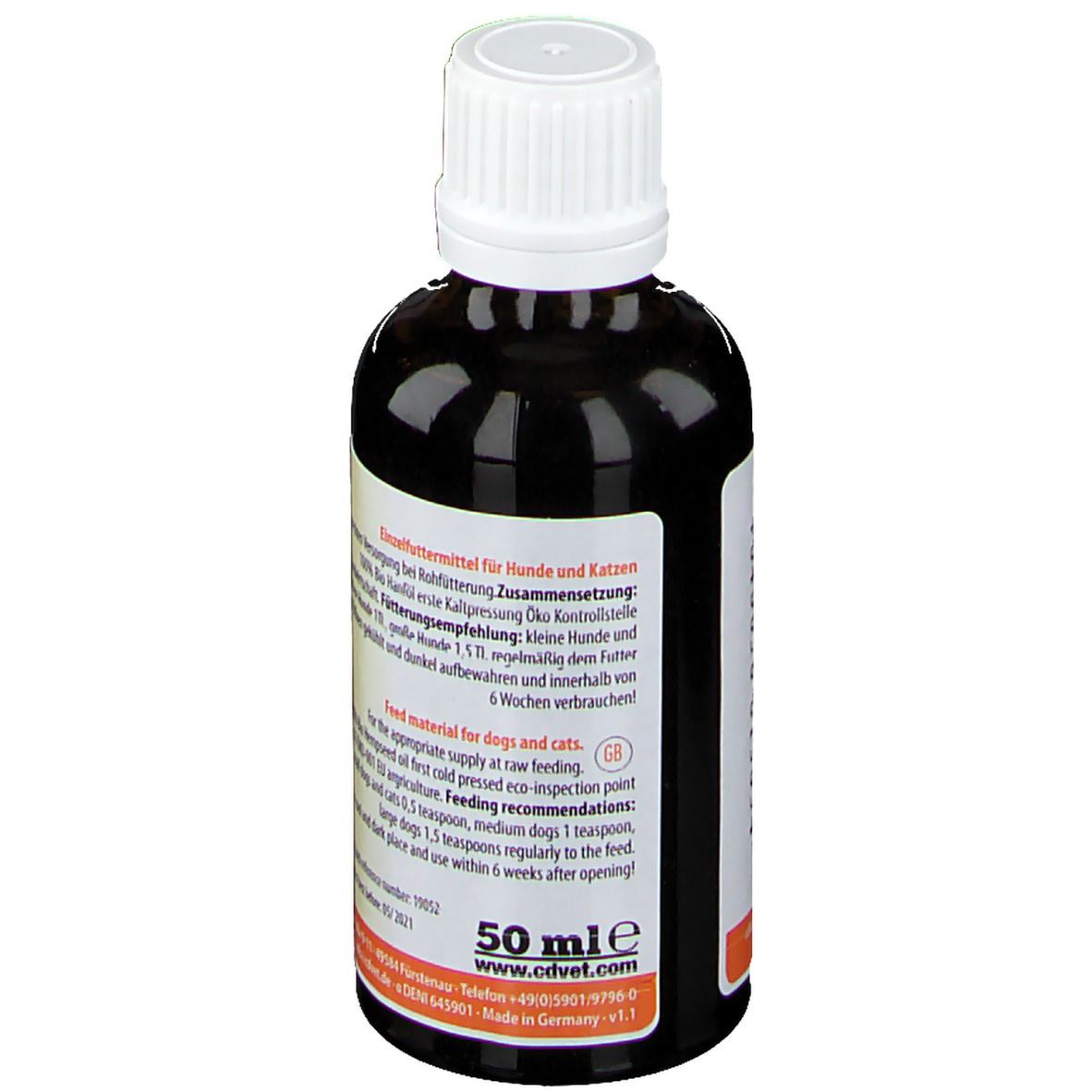 Braune Glasflasche mit weißem Deckel. Etikett mit Text: 50 ml. Informationen zur Fütterungsempfehlung für Hunde und Katzen.