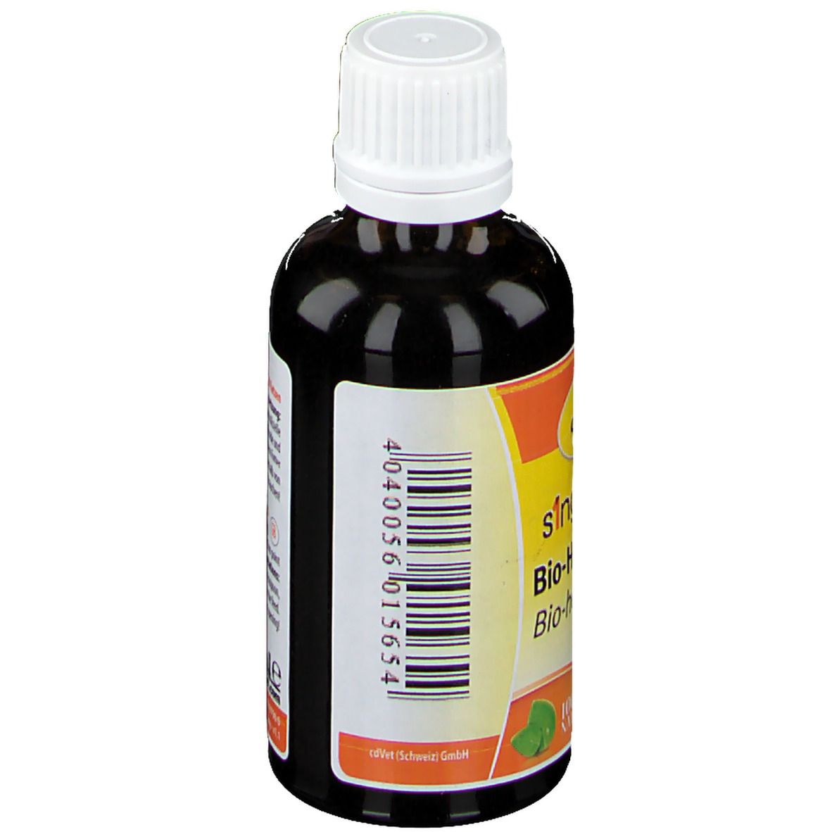 Braune Glasflasche mit weißem Deckel. Etikett mit Text und Barcode. Marke: cd Vet.