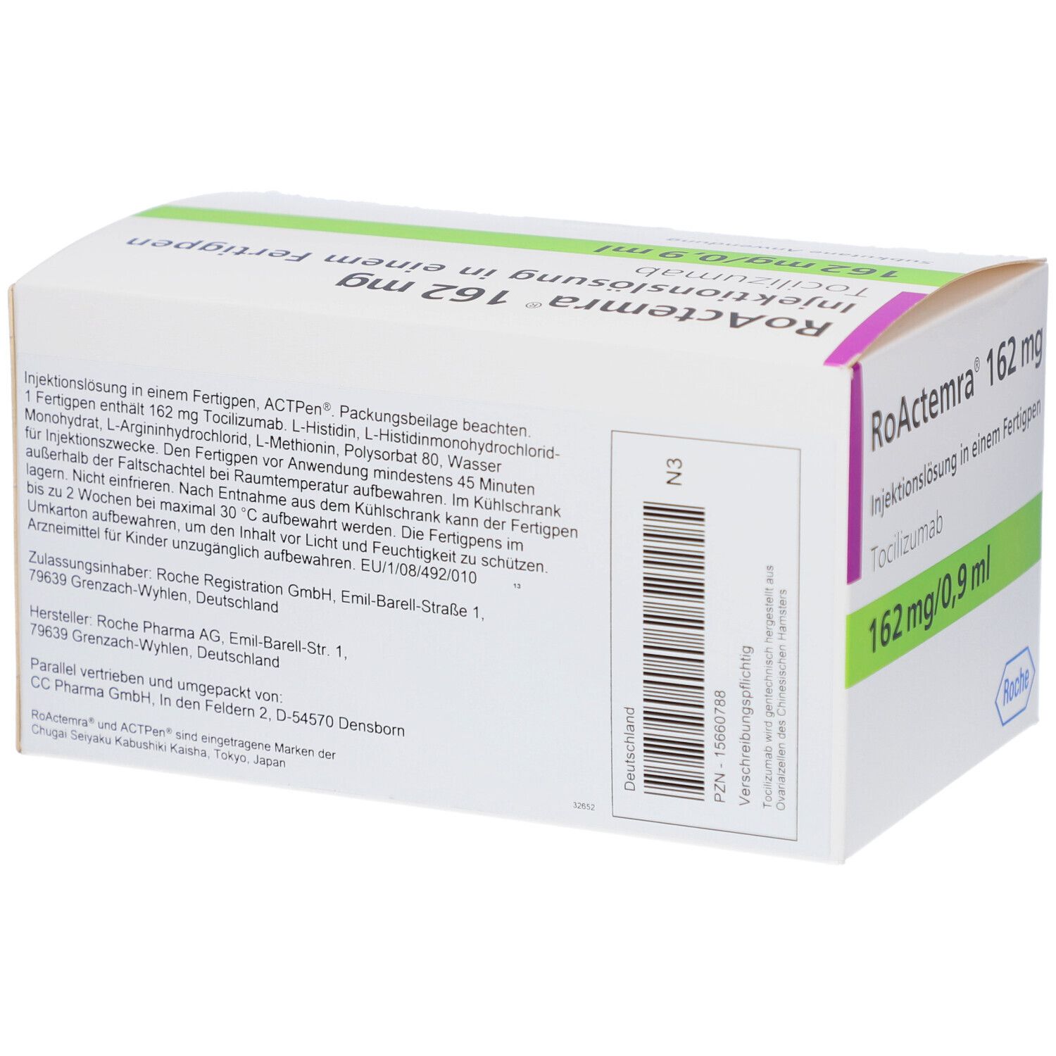 Rückseite der RoActemra 162 mg Verpackung. Text: 162 mg/0,9 ml, Tocilizumab. Herstellerinformationen. Barcode.