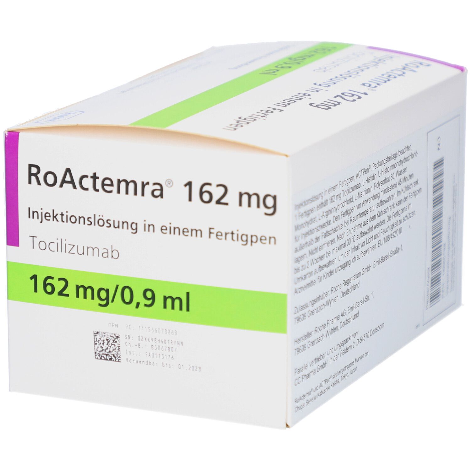 Verpackung von RoActemra 162 mg Injektionslösung. Text: 162 mg/0,9 ml, Tocilizumab, Fertigpen. Roche Logo.