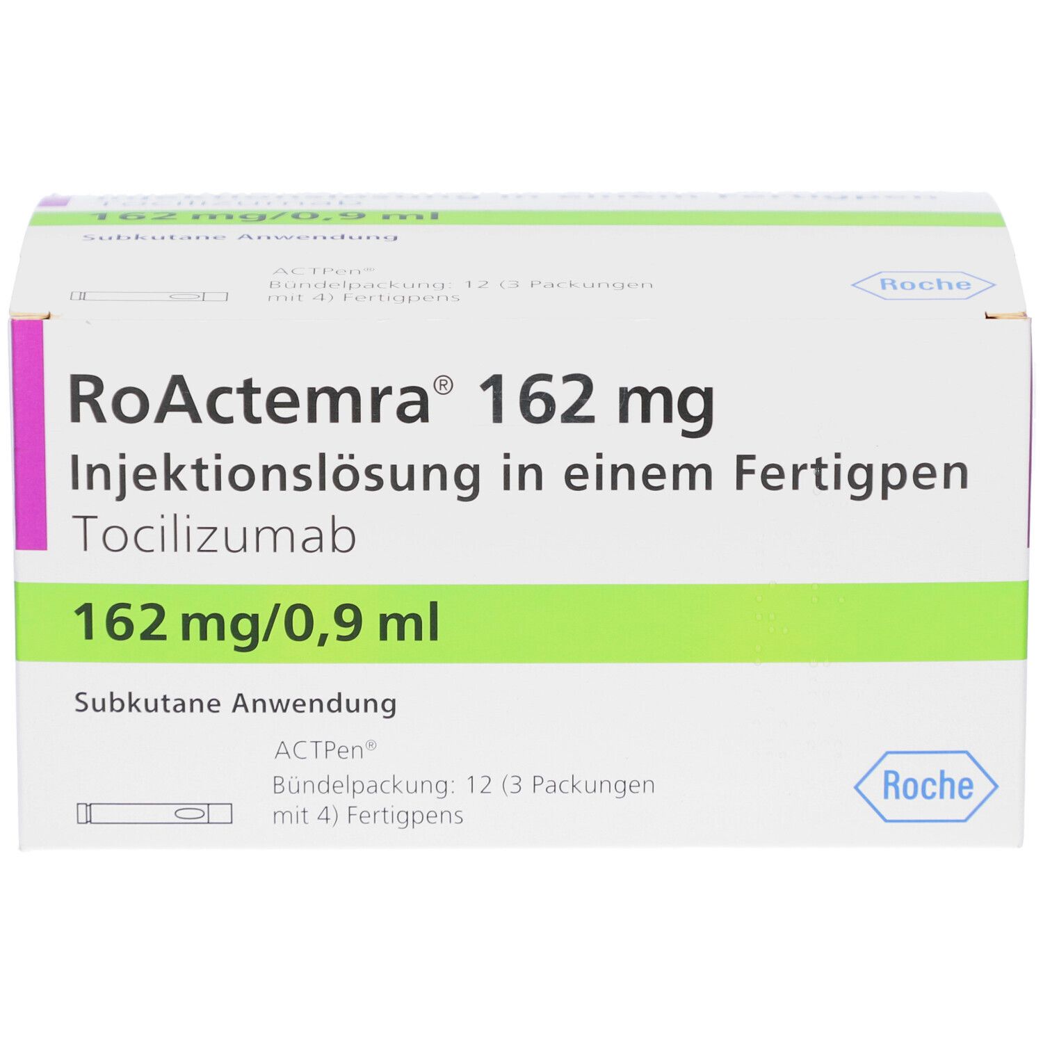 Verpackung von RoActemra 162 mg Injektionslösung. Text: 162 mg/0,9 ml, Tocilizumab, Fertigpen. Roche Logo.
