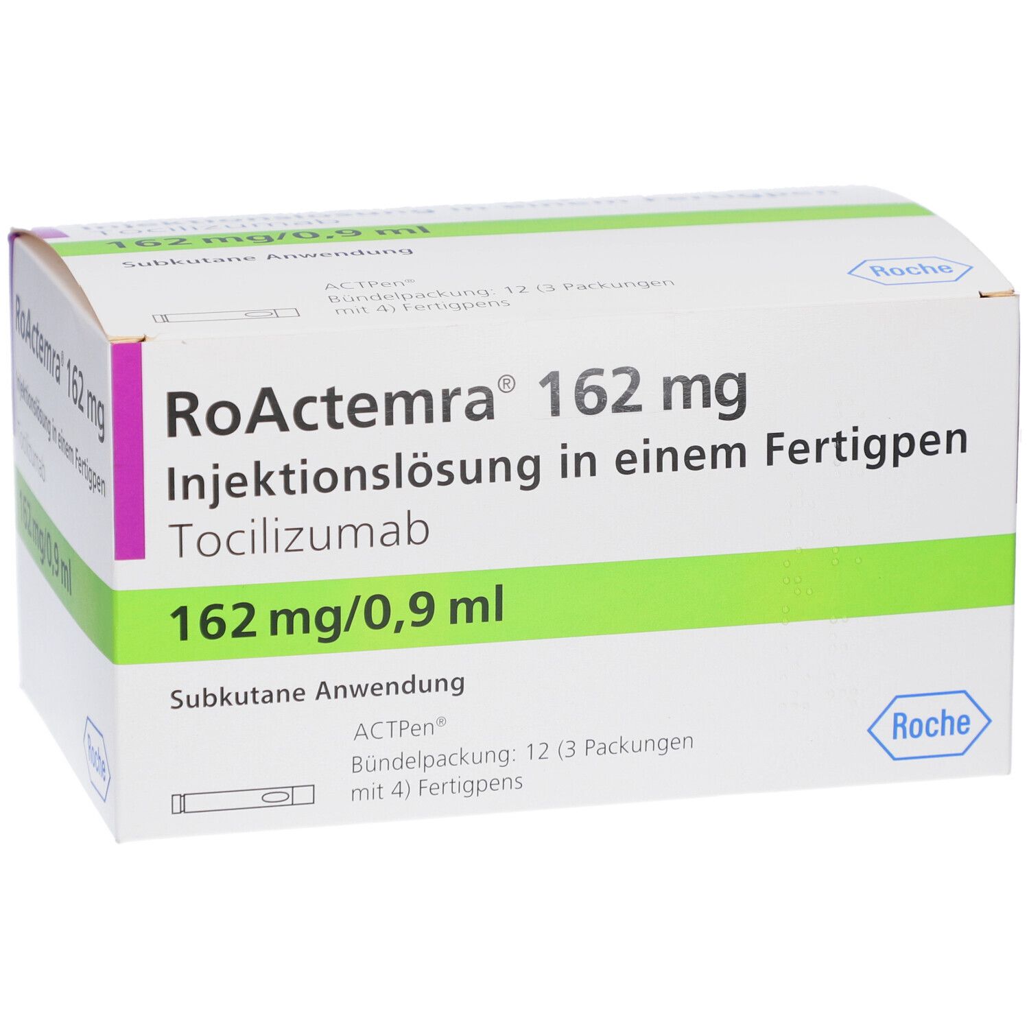 Verpackung von RoActemra 162 mg Injektionslösung. Text: 162 mg/0,9 ml, Tocilizumab, Fertigpen. Roche Logo.