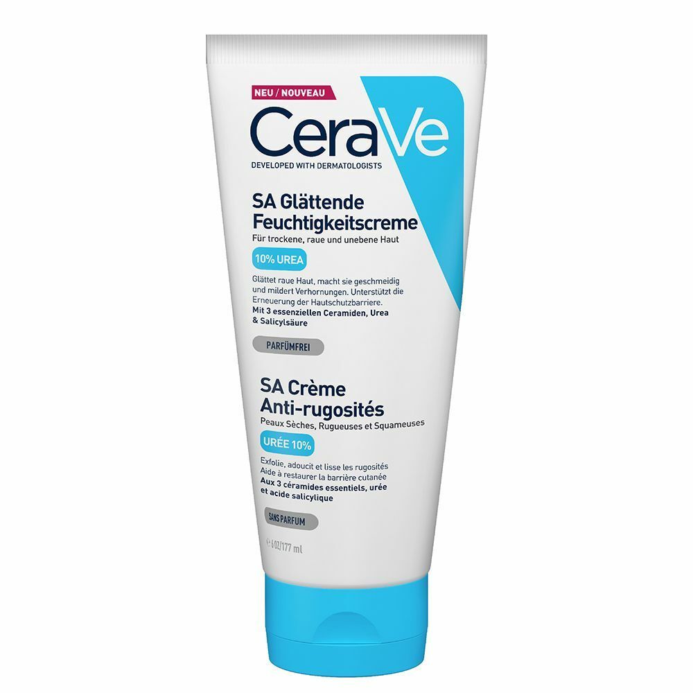 CeraVe SA Urea Glättende Feuchtigkeitscreme bei trockener, rauer und unebener Haut am Körper +CeraVe Feuchtigkeitsspendende Reinigungslotion 20 ml GRATIS