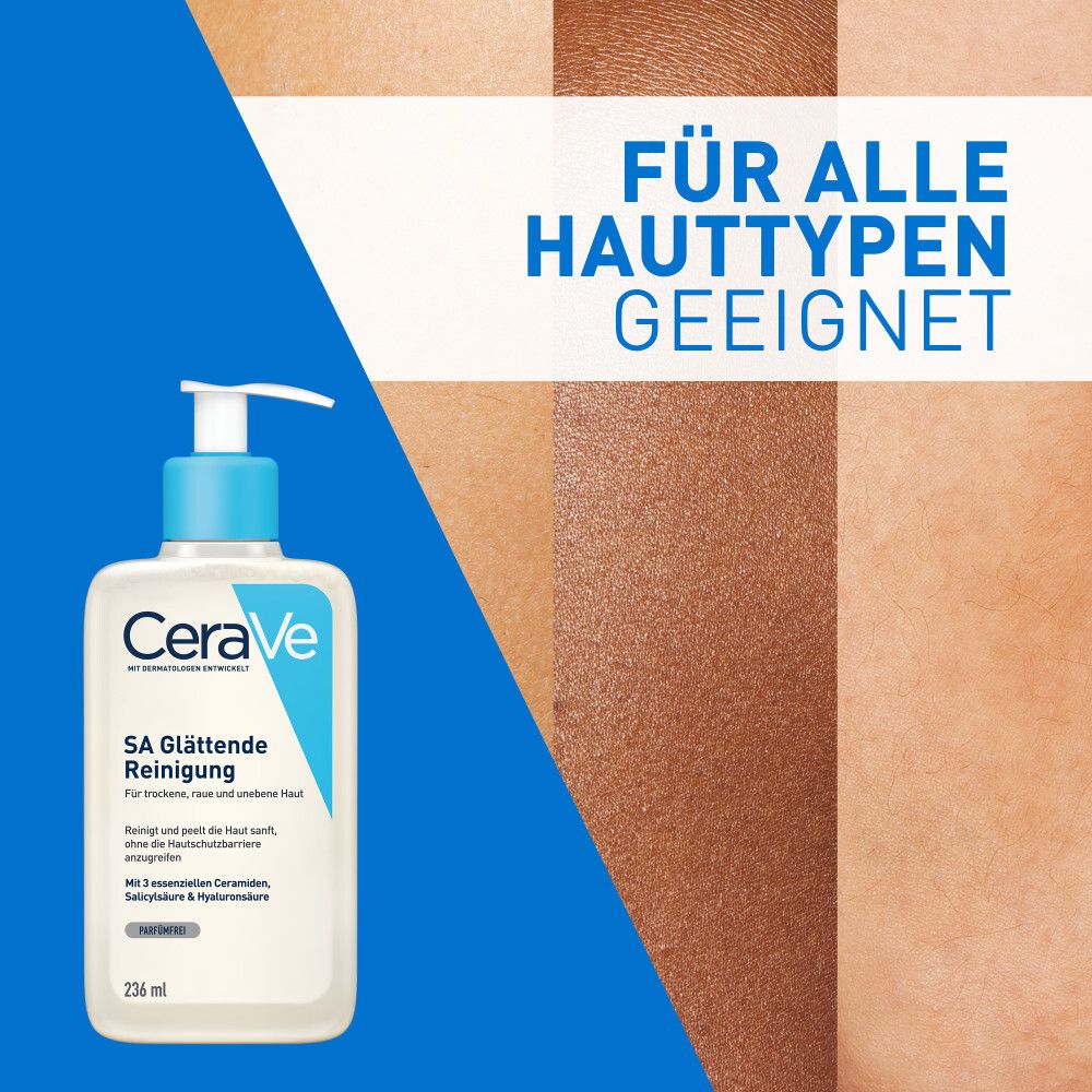 CeraVe SA Glättende Reinigung. Flasche mit blauem Pumpkopf. Text: Für alle Hauttypen geeignet. Hautfarben im Hintergrund.