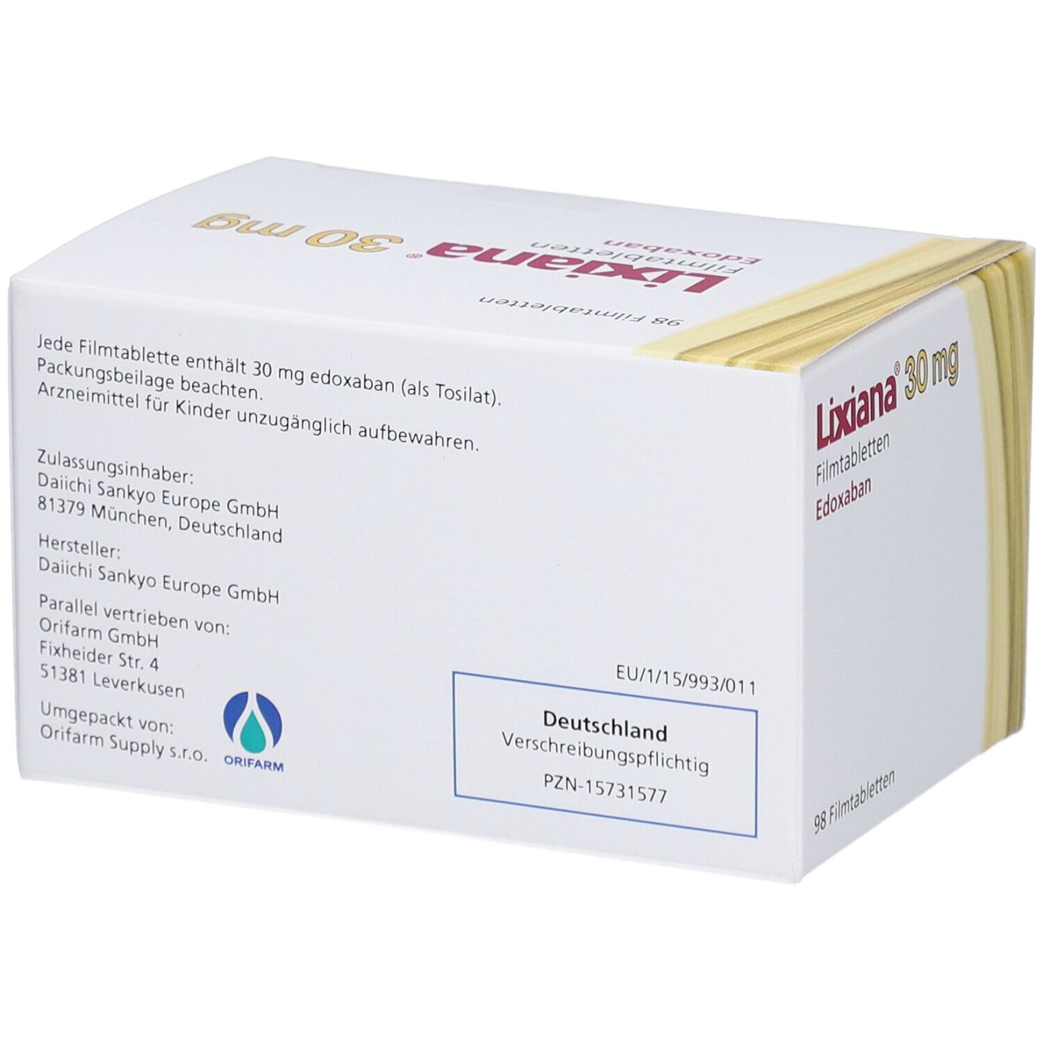 Rückseite der Schachtel Lixiana 30 mg Filmtabletten. Text: 30 mg Edoxaban, Hersteller, Zulassungsinhaber, PZN-15731577.