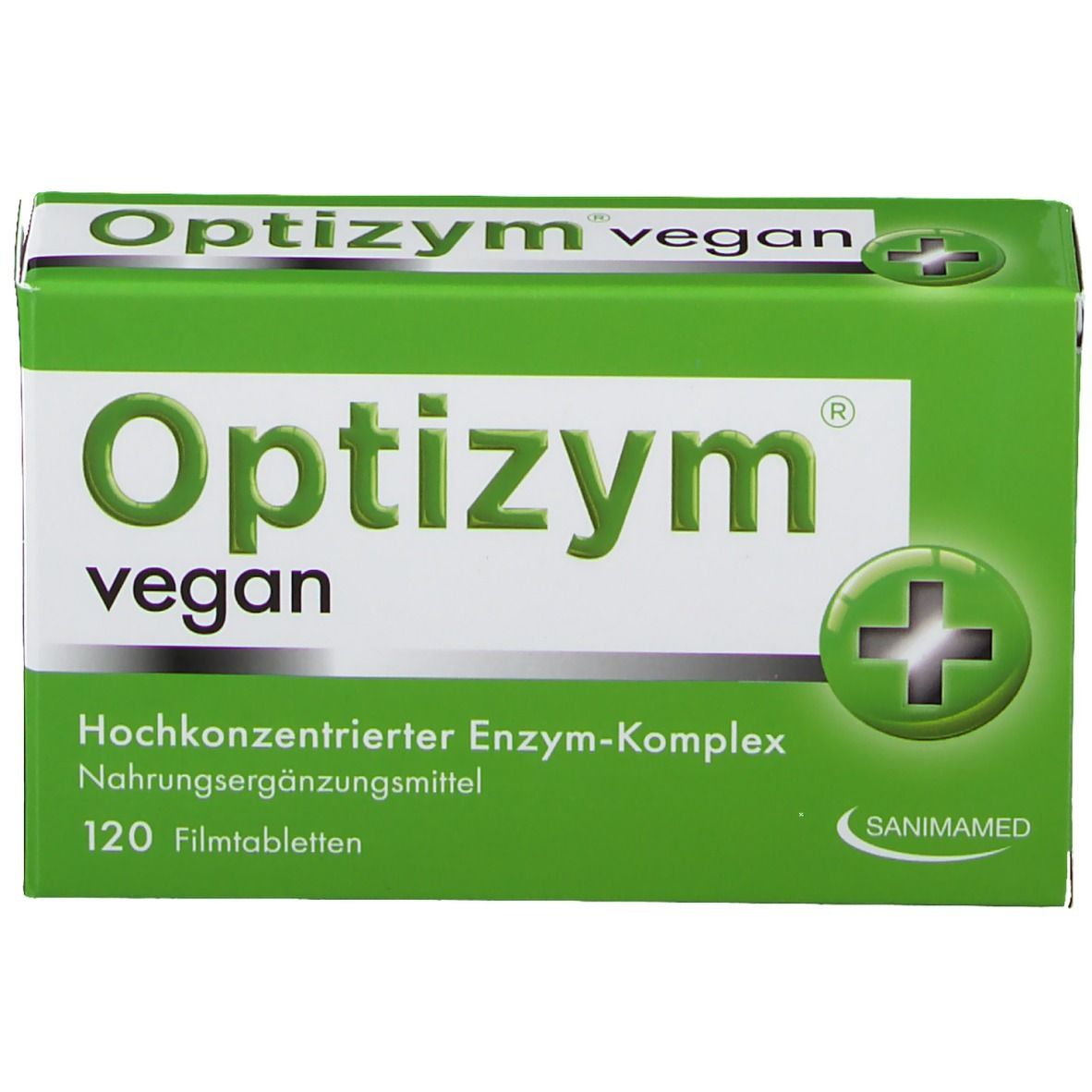 Grüne Schachtel "Optizym vegan". Enthält 120 Filmtabletten. Aufschrift: Hochkonzentrierter Enzym-Komplex, Nahrungsergänzungsmittel. Sanimamed Logo.