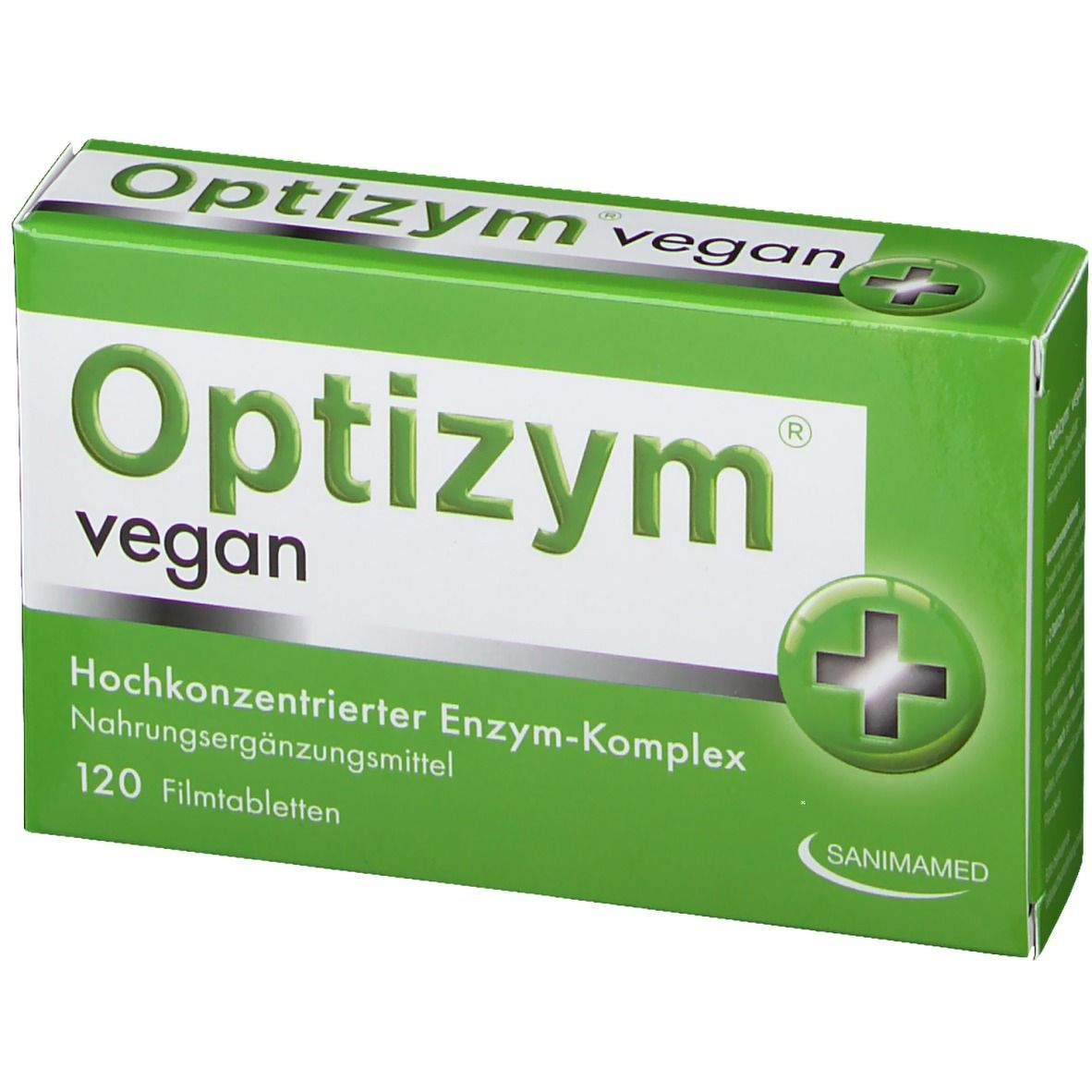 Grüne Schachtel "Optizym vegan". Enthält 120 Filmtabletten. Aufschrift: Hochkonzentrierter Enzym-Komplex, Nahrungsergänzungsmittel. Sanimamed Logo.
