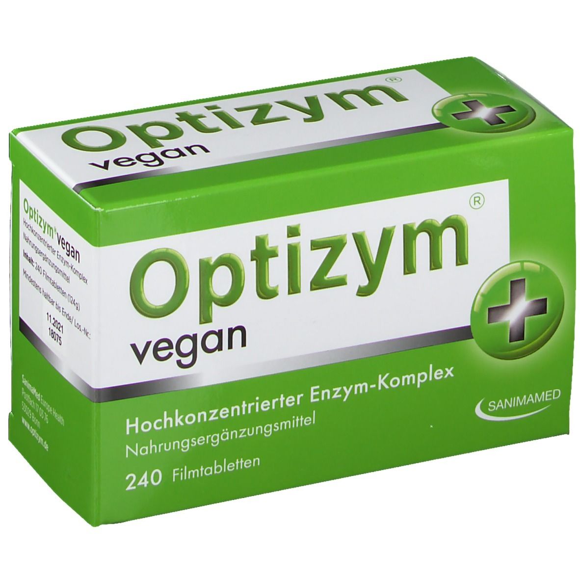 Grüne Schachtel "Optizym vegan". Enthält 240 Filmtabletten. Marke SANIMAMED. Schachtel schräg.
