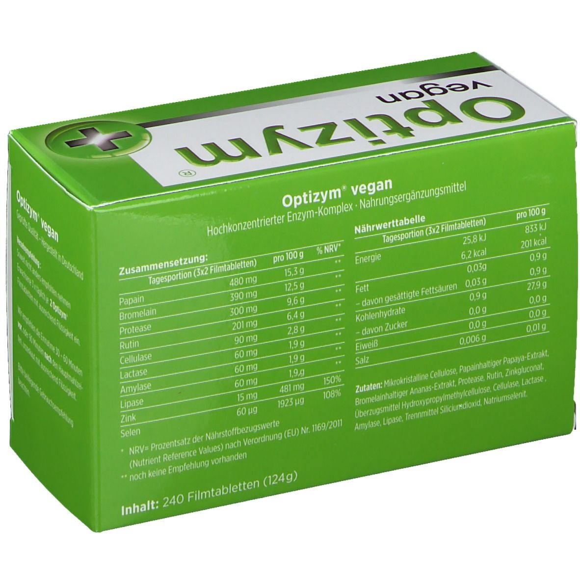 Grüne Schachtel "Optizym vegan". Enthält 240 Filmtabletten. Nährwerttabelle. Schachtel schräg.