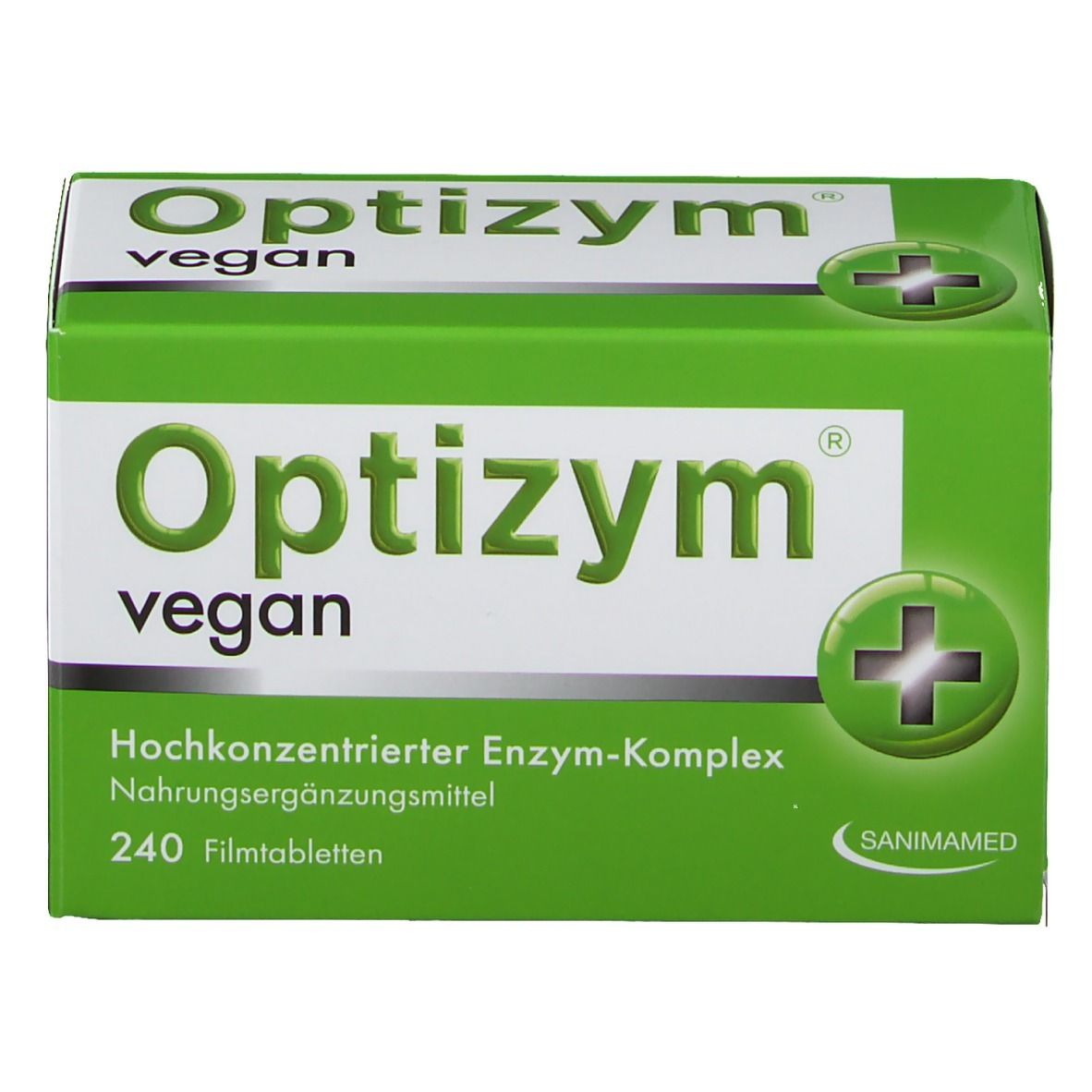 Grüne Schachtel "Optizym vegan". Enthält 240 Filmtabletten. Marke SANIMAMED.