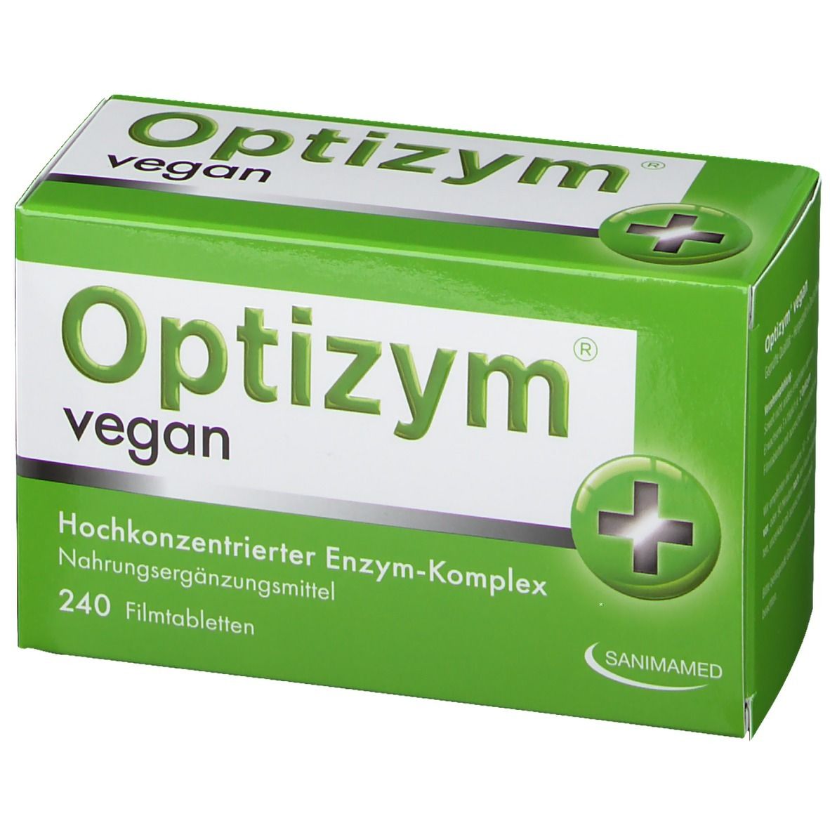 Grüne Schachtel "Optizym vegan". Enthält 240 Filmtabletten. Marke SANIMAMED.