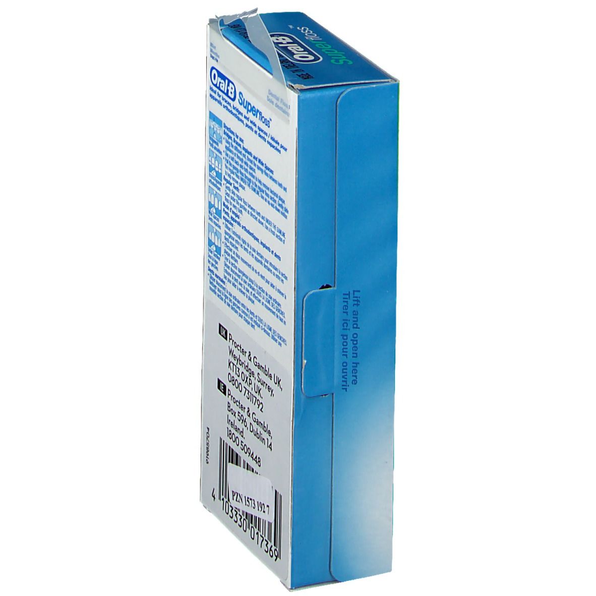 Seitenansicht der Oral-B Superfloss-Verpackung. Enthält Informationen zum Hersteller und einen Barcode.