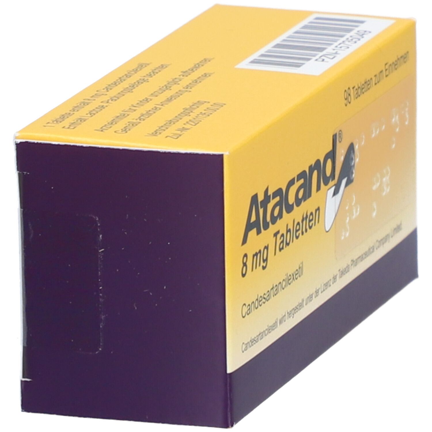 Schachtel Atacand 8 mg Tabletten, gelb und lila. Aufschrift: Atacand 8 mg Tabletten. Enthält 98 Tabletten.