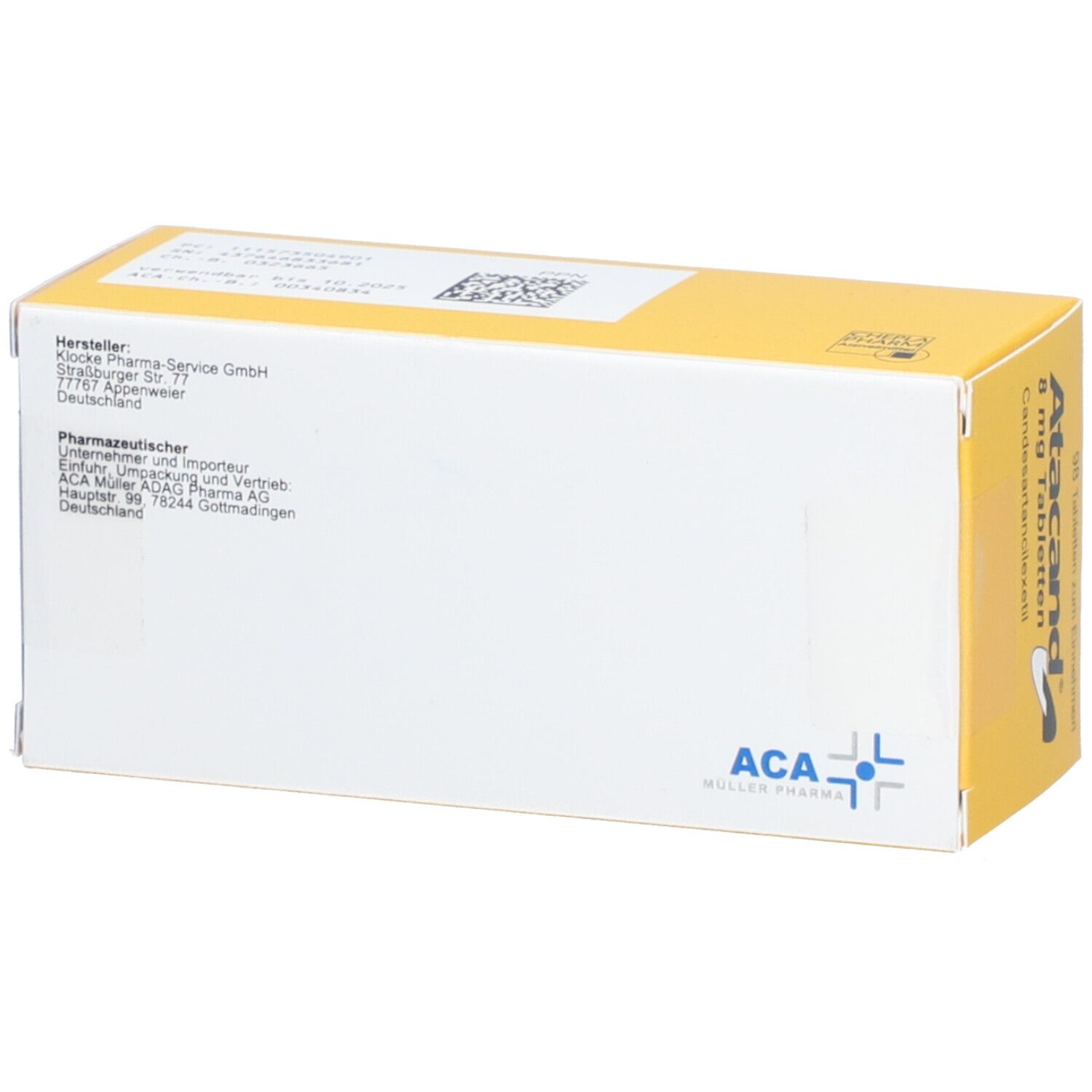 Rückseite der gelben Schachtel mit ACA-Logo. Hersteller- und Importeur-Informationen. Text: 98 Tabletten zum Einnehmen.