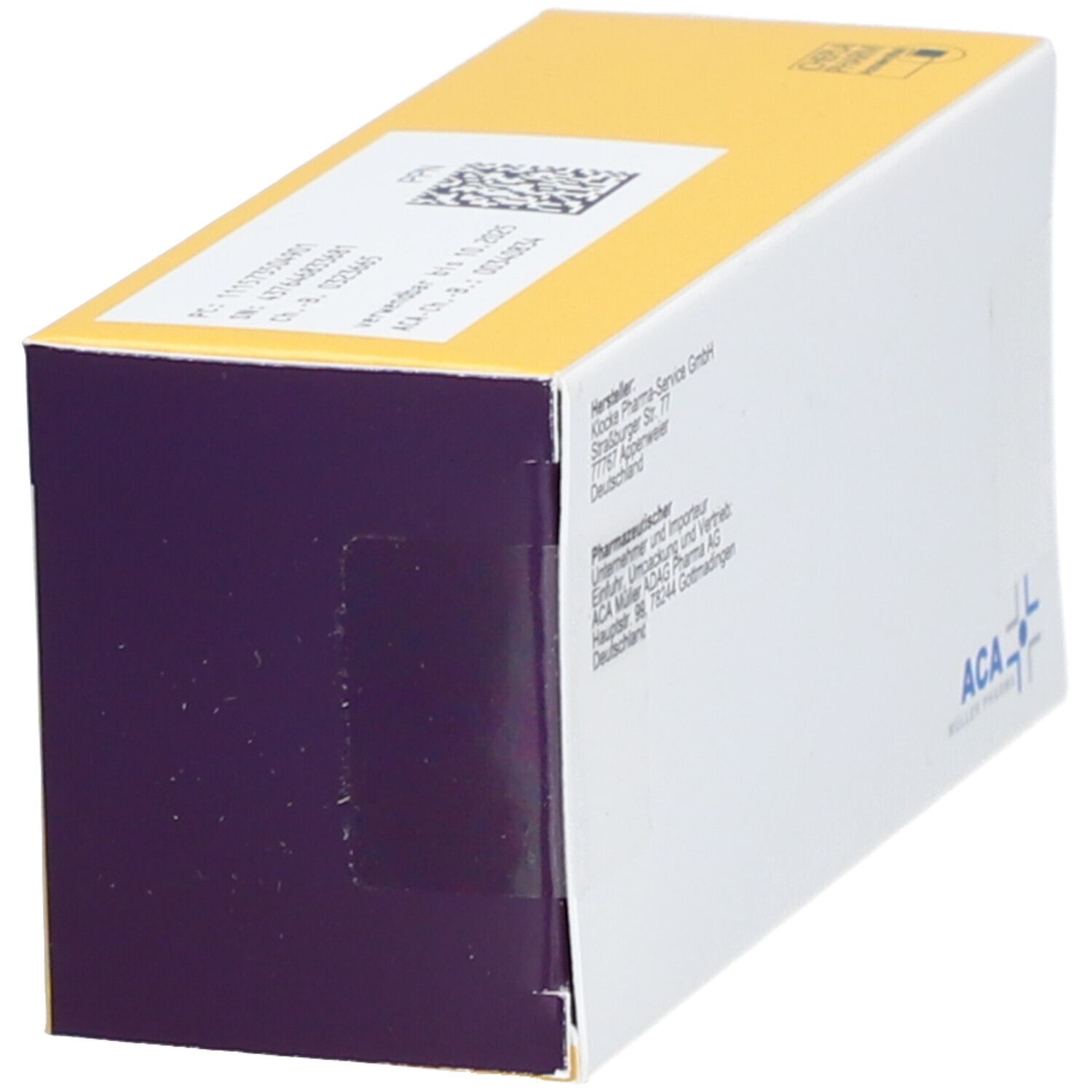 Schachtel Atacand 8 mg Tabletten, gelb und weiß. ACA-Logo. Hersteller- und Importeur-Informationen. QR-Code.