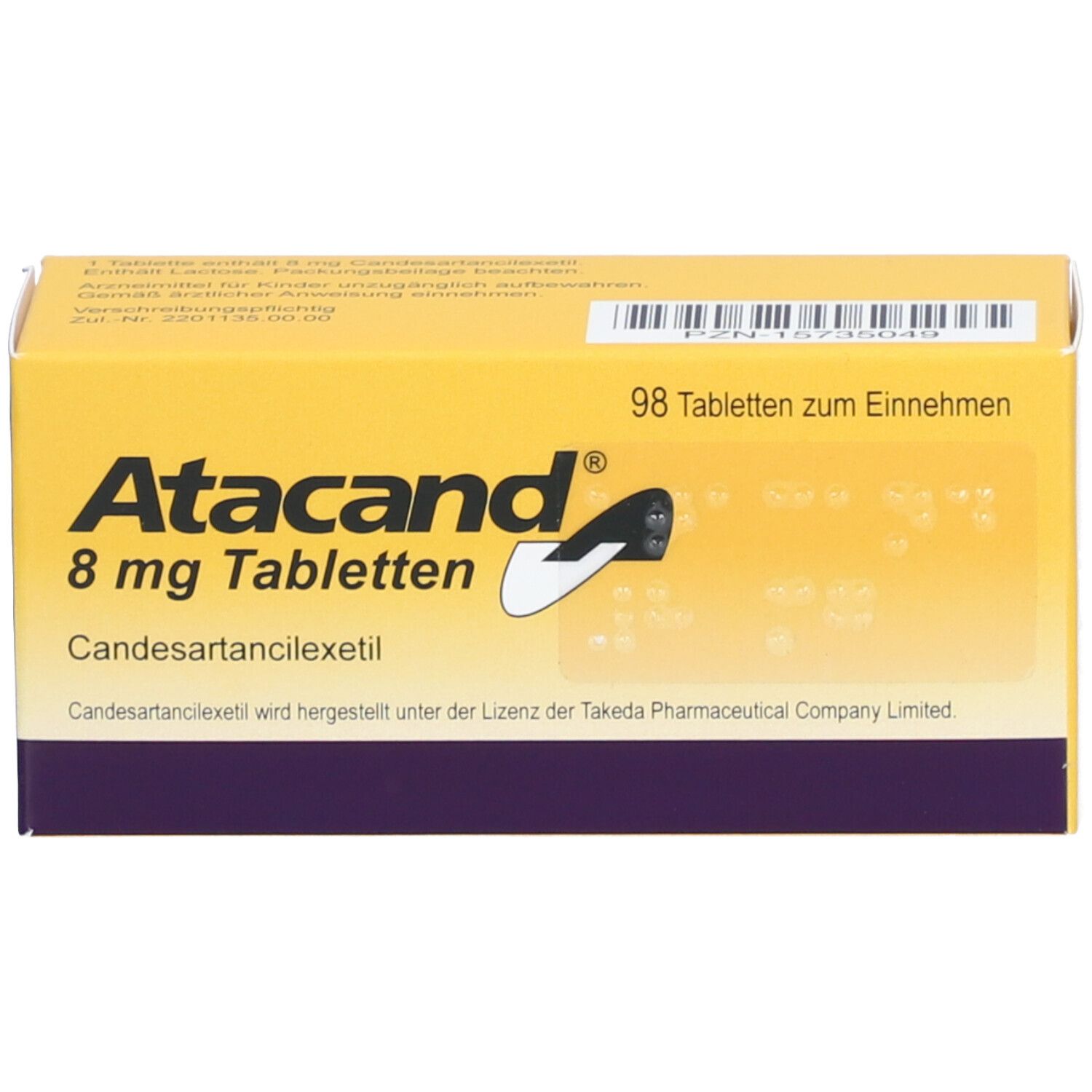 Gelbe Schachtel mit Aufschrift Atacand 8 mg Tabletten. Enthält 98 Tabletten. Candesartancilexetil. Text: Zum Einnehmen.
