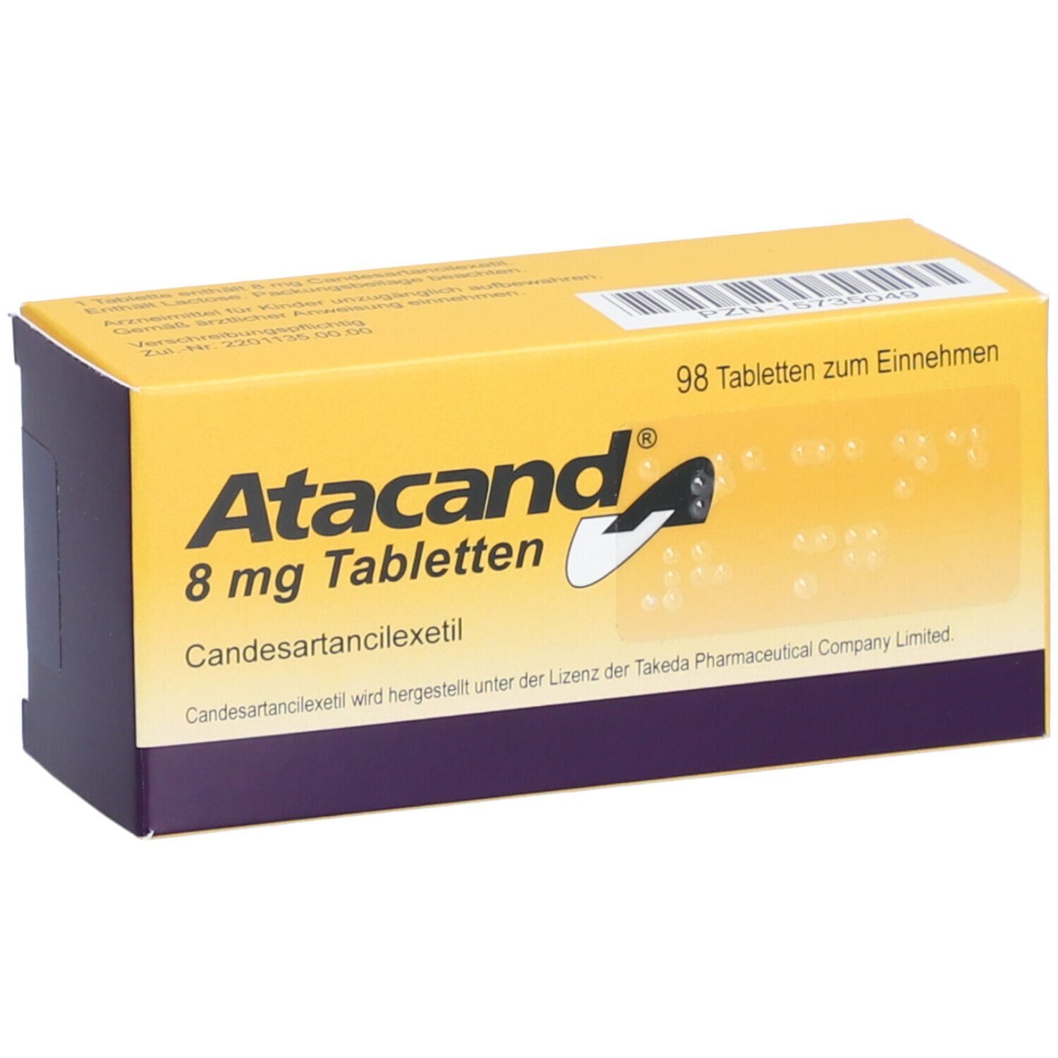 Gelbe Schachtel mit Aufschrift Atacand 8 mg Tabletten. Enthält 98 Tabletten. Candesartancilexetil. Ansicht schräg.