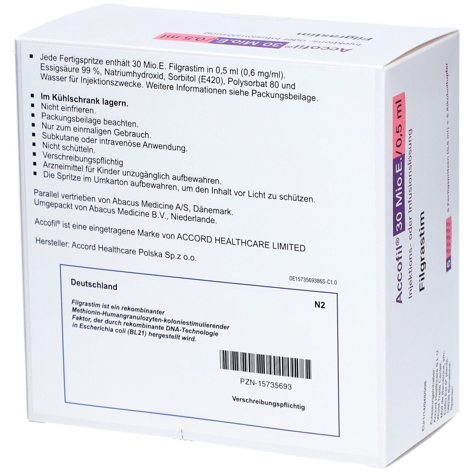 Rückseite der Packung Accofil® 30 Mio.E./0,5 ml mit detaillierten Produktinformationen und Herstellerangaben.
