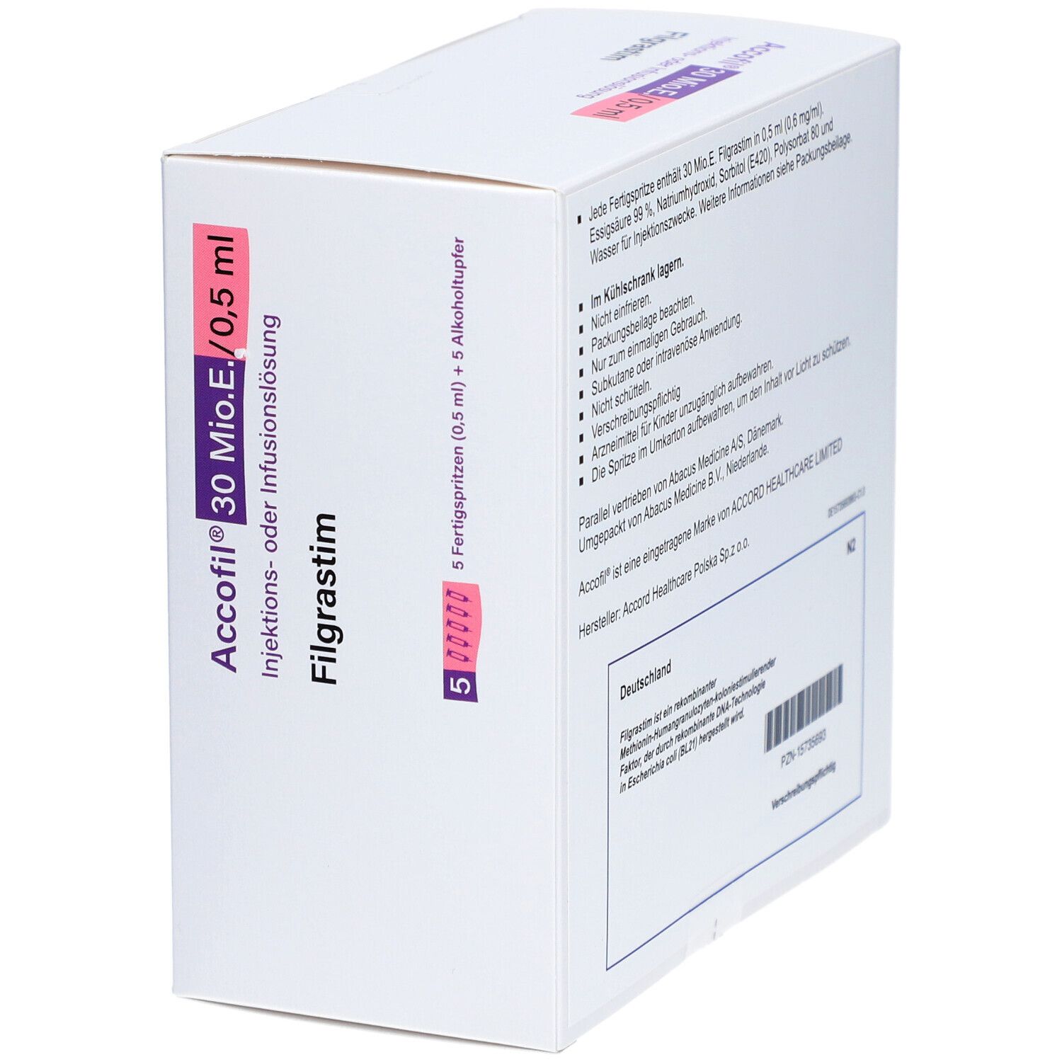 Packung Accofil® 30 Mio.E./0,5 ml Injektions- oder Infusionslösung Filgrastim, Seite mit Produktinformationen.