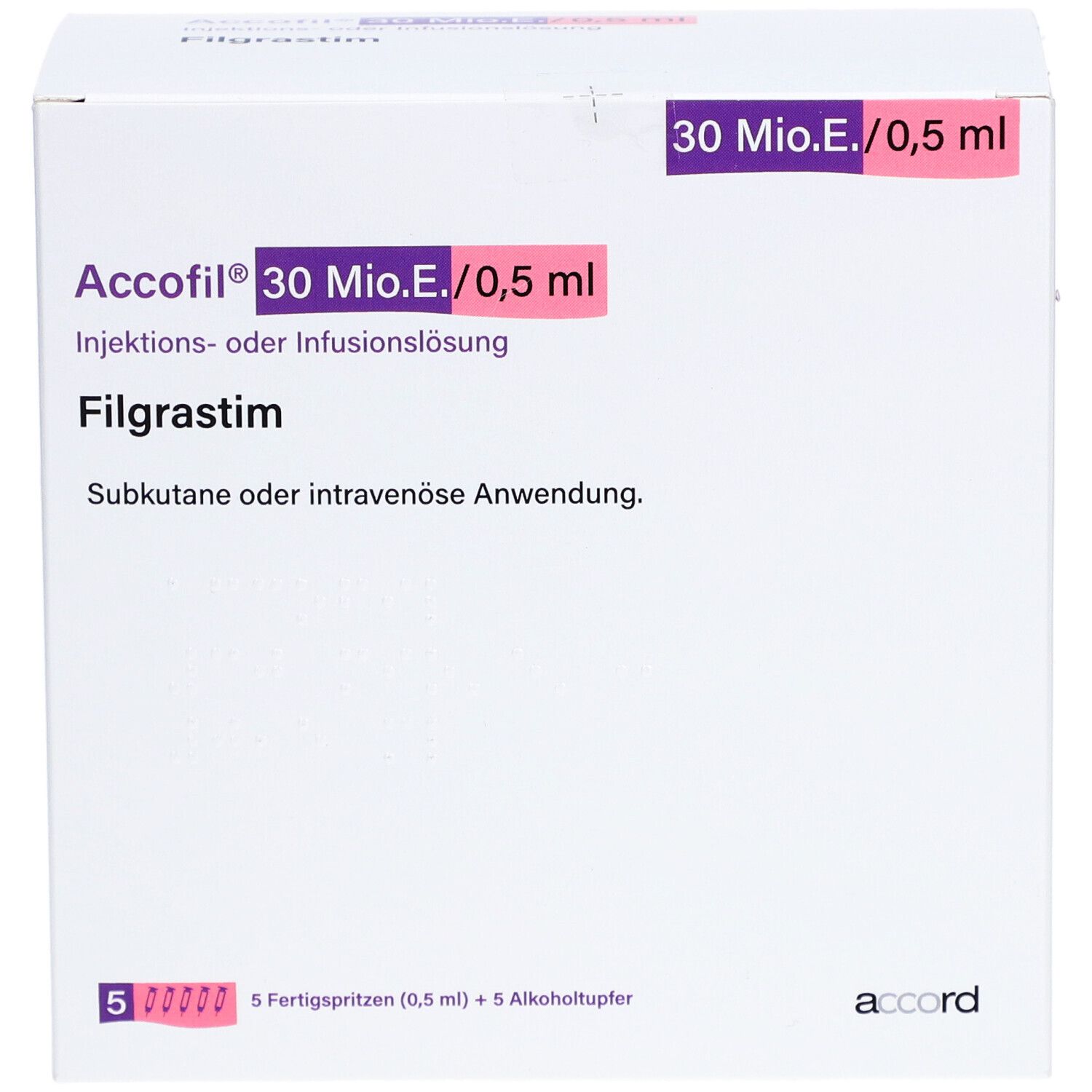 Packung Accofil® 30 Mio.E./0,5 ml Injektions- oder Infusionslösung Filgrastim, Vorderseite mit Produktbezeichnung.