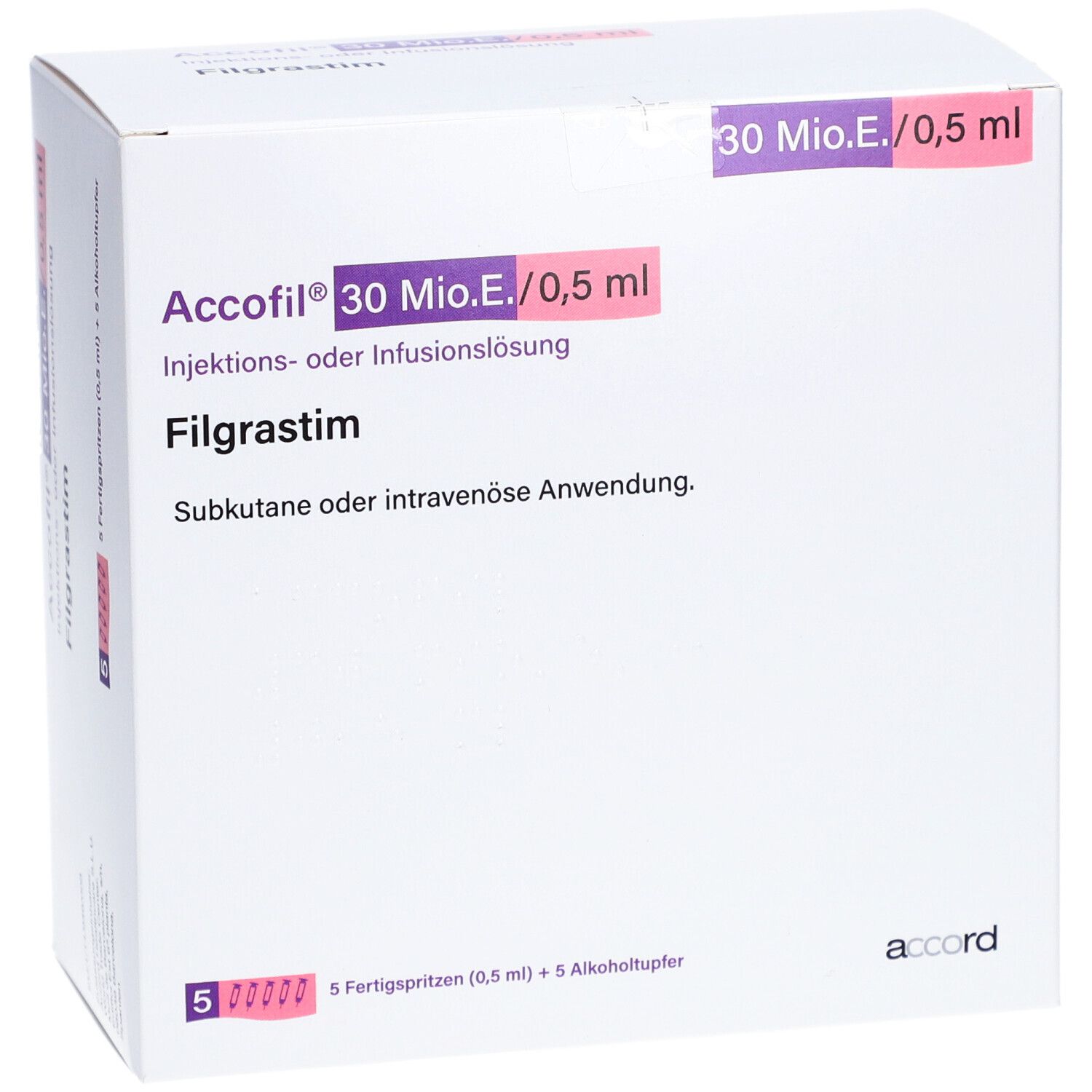 Packung Accofil® 30 Mio.E./0,5 ml Injektions- oder Infusionslösung Filgrastim, Vorderseite mit Produktbezeichnung.