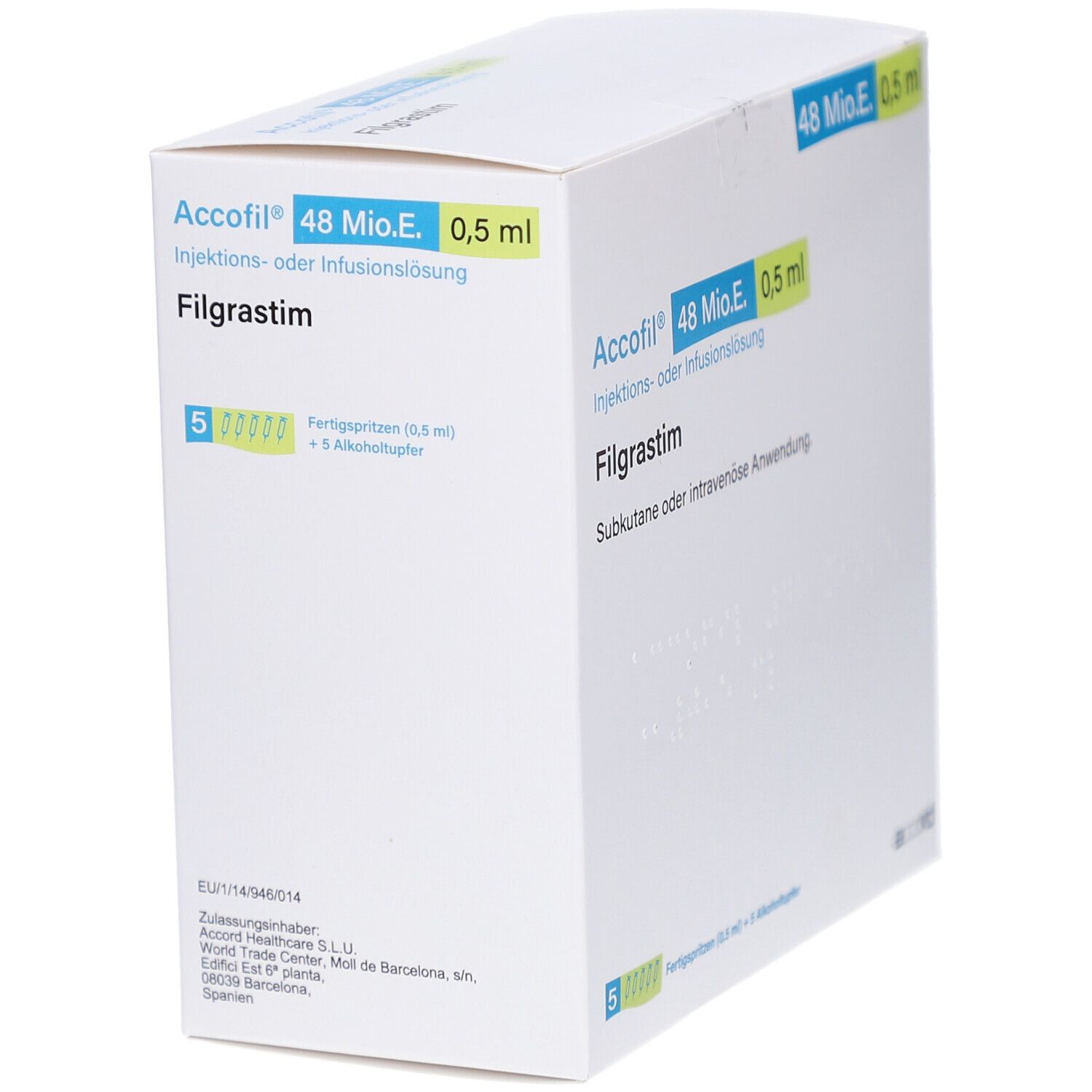 Accofil®-Verpackung, 48 Mio.E./0,5 ml. Aufschrift: Filgrastim, Injektionslösung. Enthält 5 Fertigspritzen und Alkoholtücher.