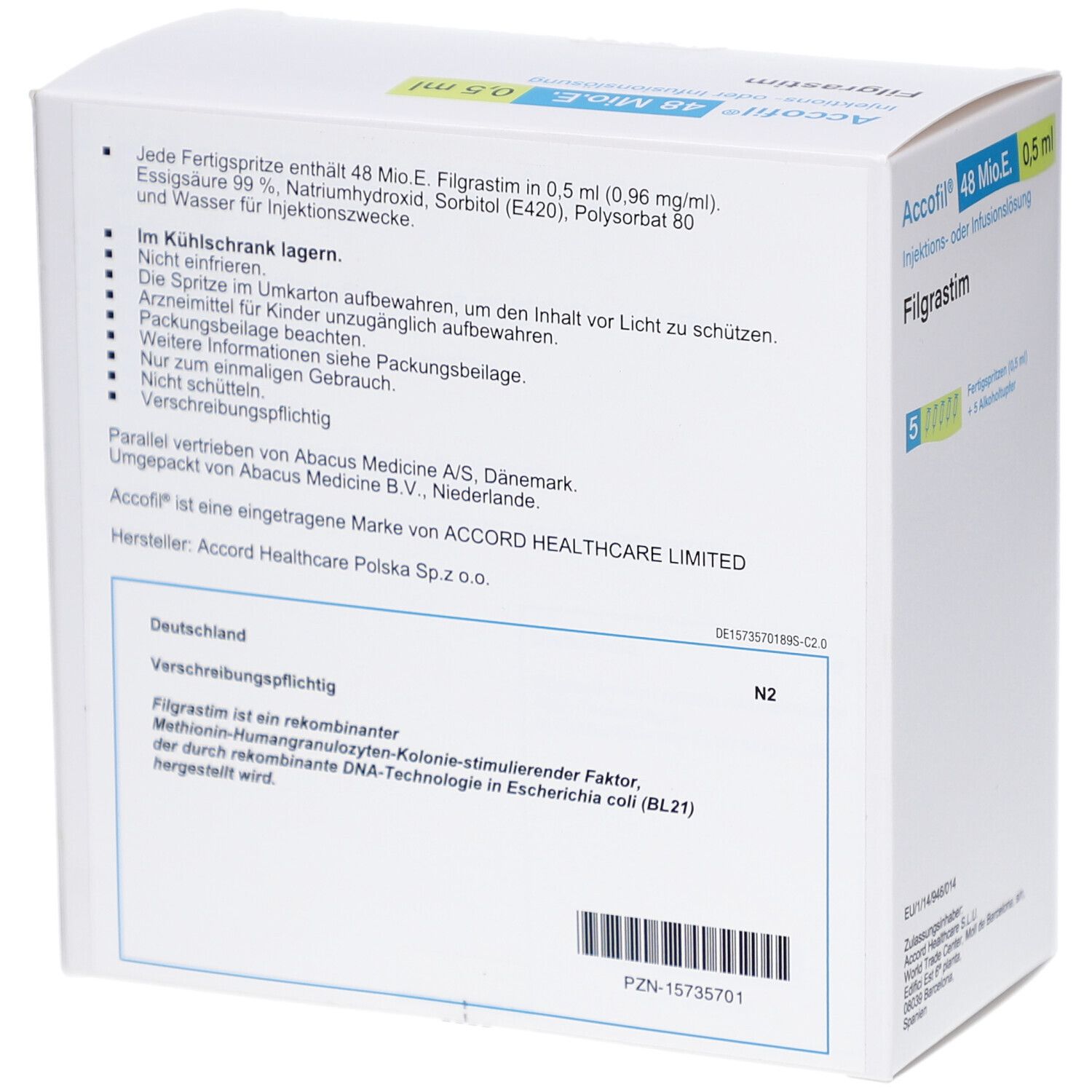 Rückseite der Accofil®-Verpackung. Enthält Informationen zu Inhaltsstoffen, Lagerung und Hersteller. Text in Deutsch.